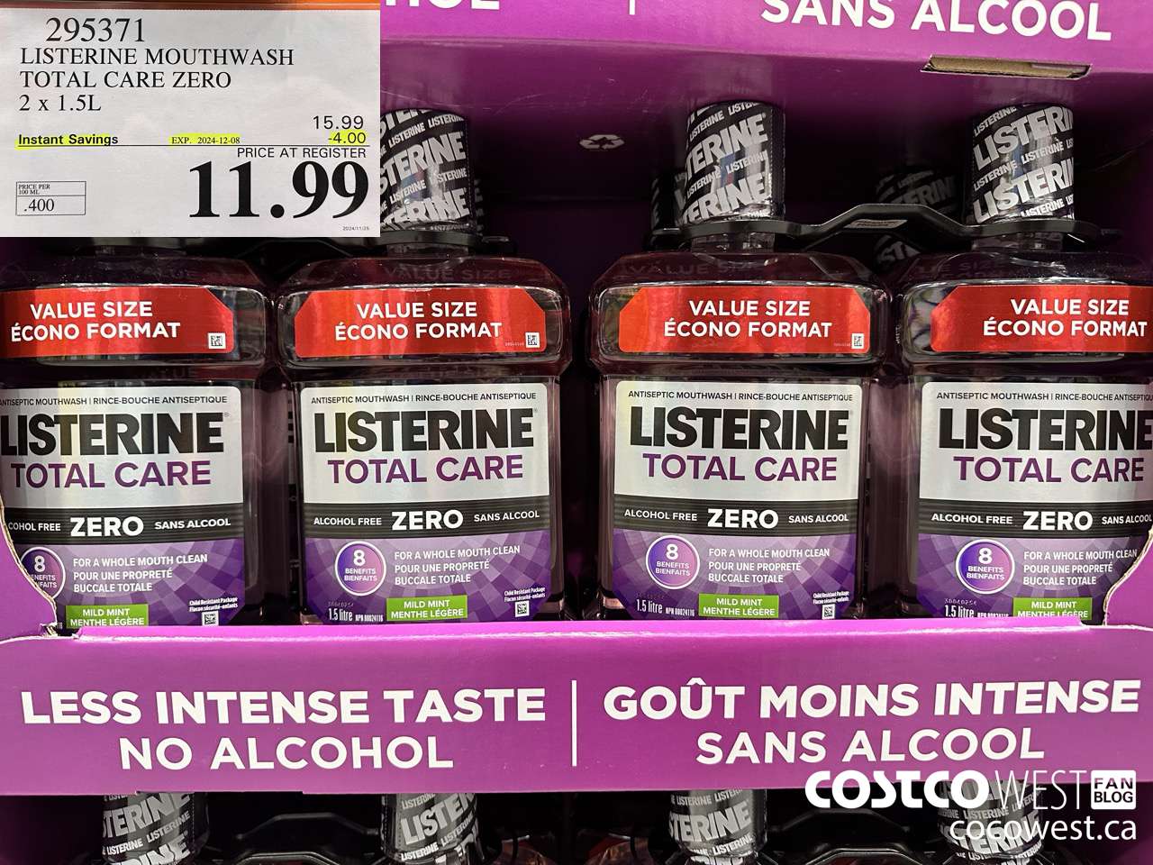 295371 LISTERINE MOUTHWASH TOTAL CARE ZERO 2 X 1.5L ($4.00 INSTANT SAVINGS EXPIRES ON 2024-12-08) $11.99