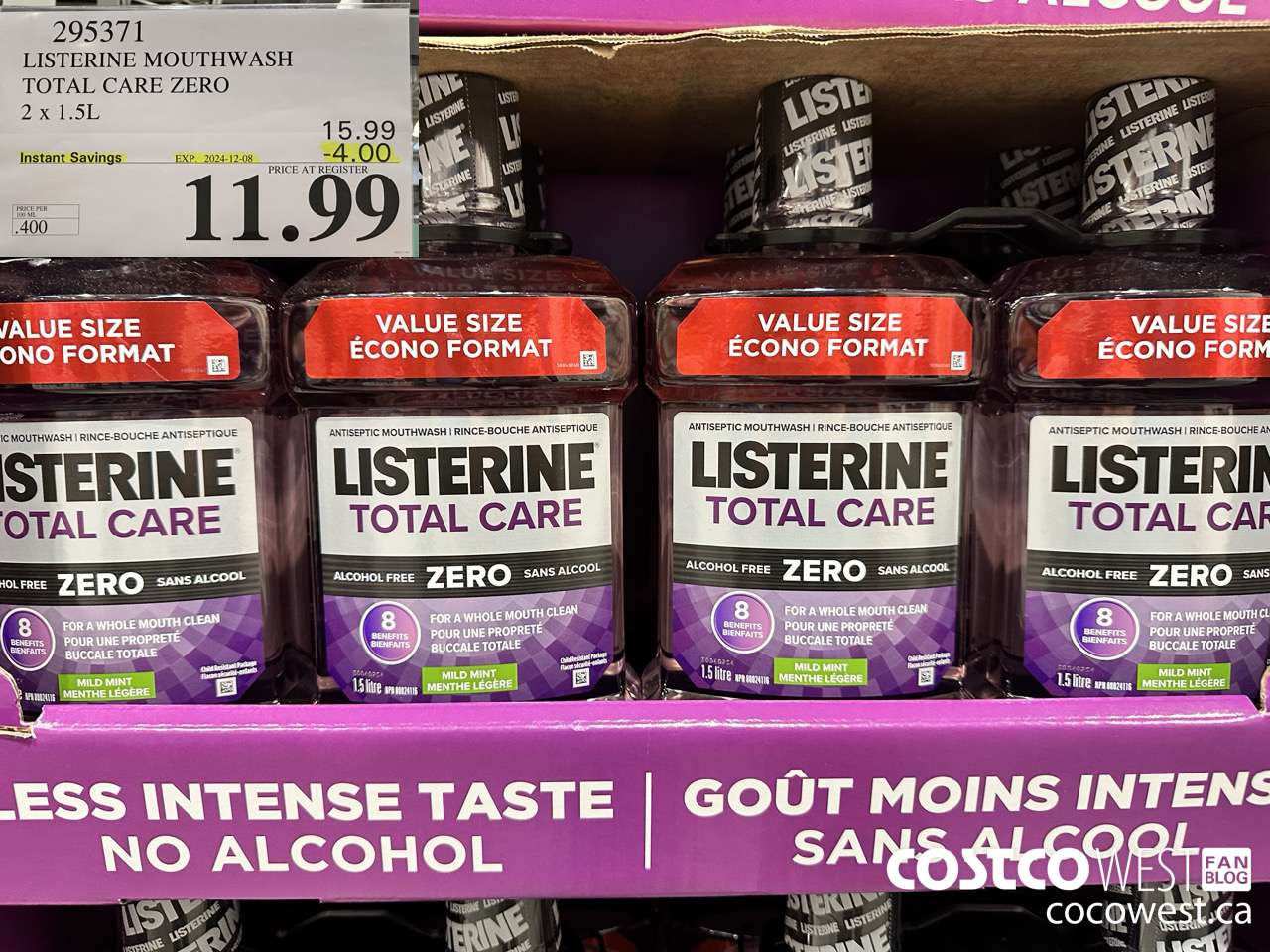 295371 LISTERINE MOUTHWASH TOTAL CARE ZERO 2 X 1.5L ($4.00 INSTANT SAVINGS EXPIRES ON 2024-12-08) $11.99