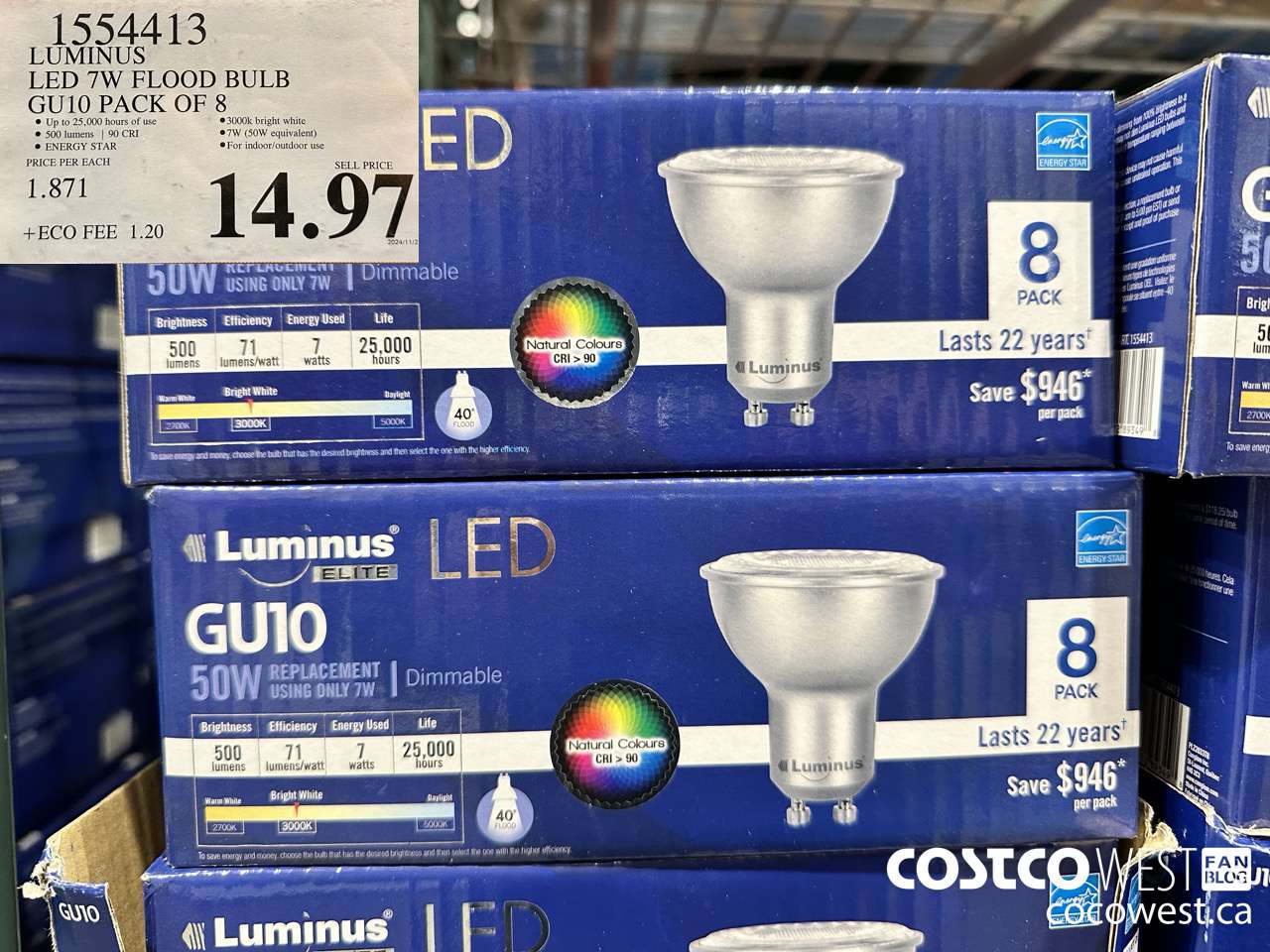 1554413 LUMINUS LED 7W FLOOD BULB GU10 PACK OF 8 $14.97