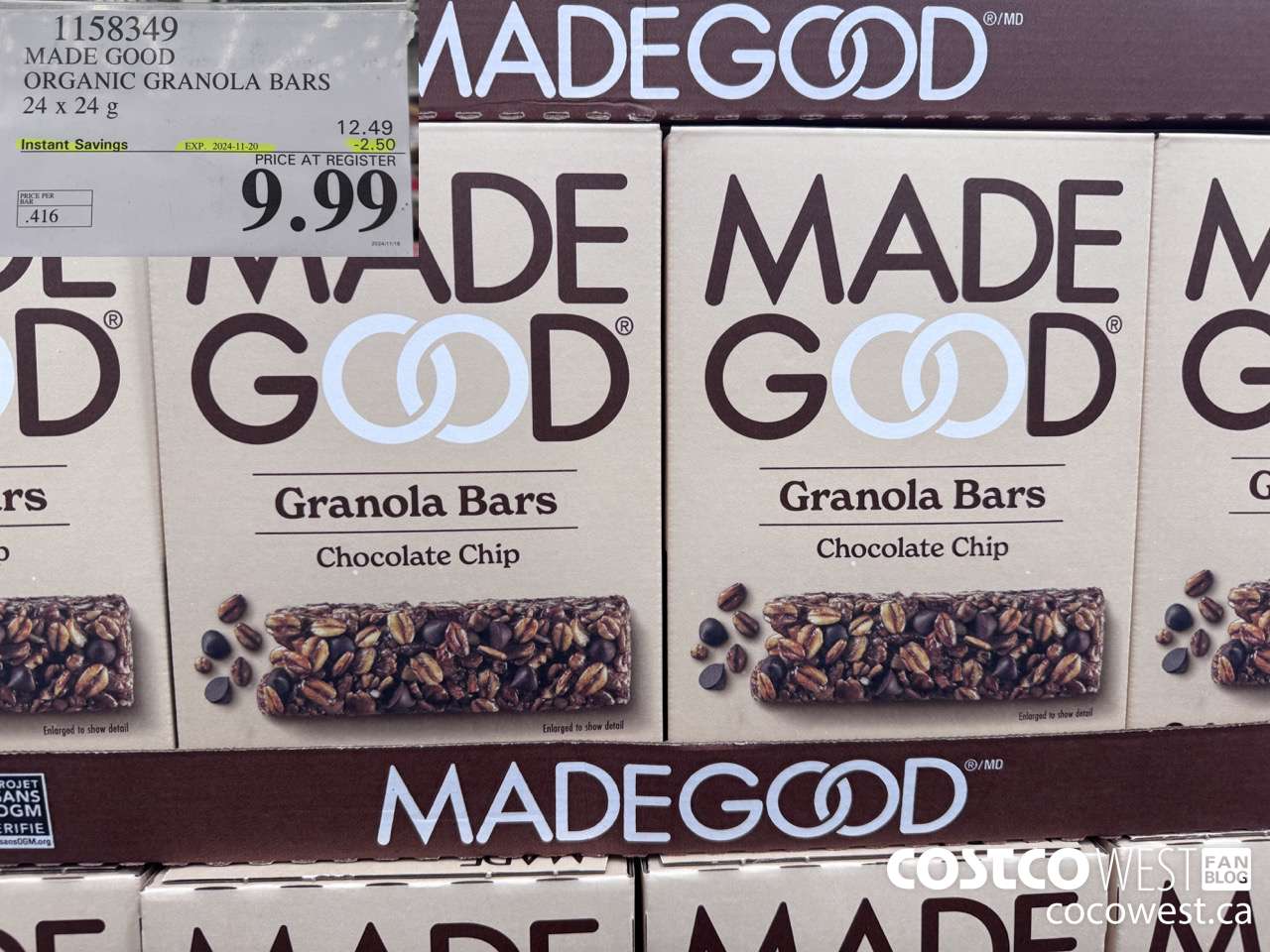 1158349 MADE GOOD ORGANIC GRANOLA BARS 24 x 24g ($2.50 INSTANT SAVINGS EXPIRES ON 2024-11-20) $9.99
