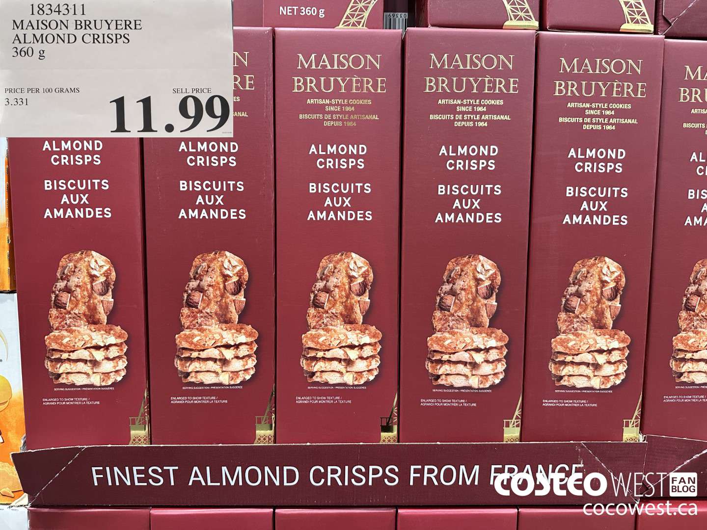 1834311 MAISON BRUYERE ALMOND CRISPS 360G $11.99