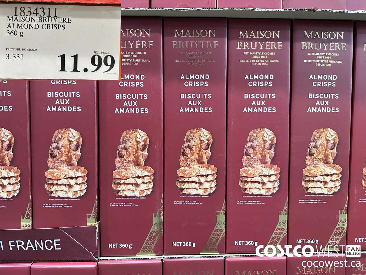 1834311 MAISON BRUYERE ALMOND CRISPS 360G $11.99