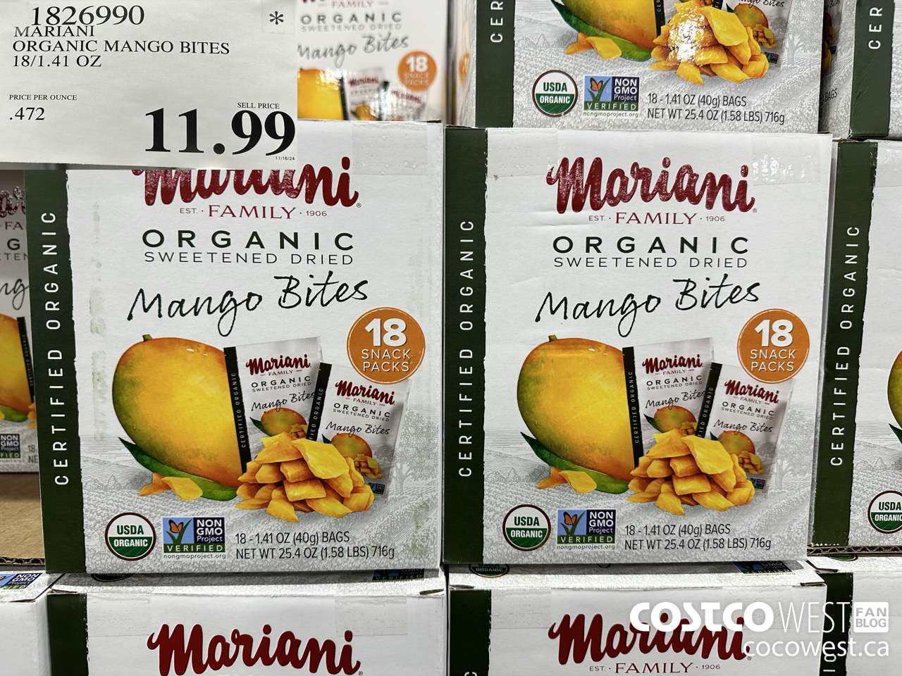 1826990 MARIANI ORGANIC MANGO BITES 18/1.41 OZ $11.99