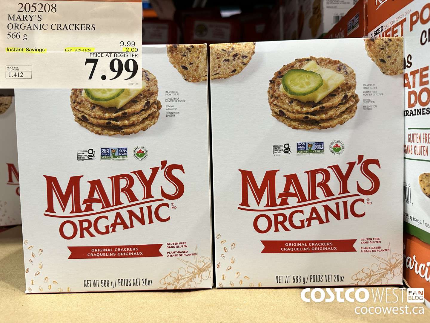 205208 MARY'S ORGANIC CRACKERS 566G ($2.00 INSTANT SAVINGS EXPIRES ON 2024-11-24) $7.99