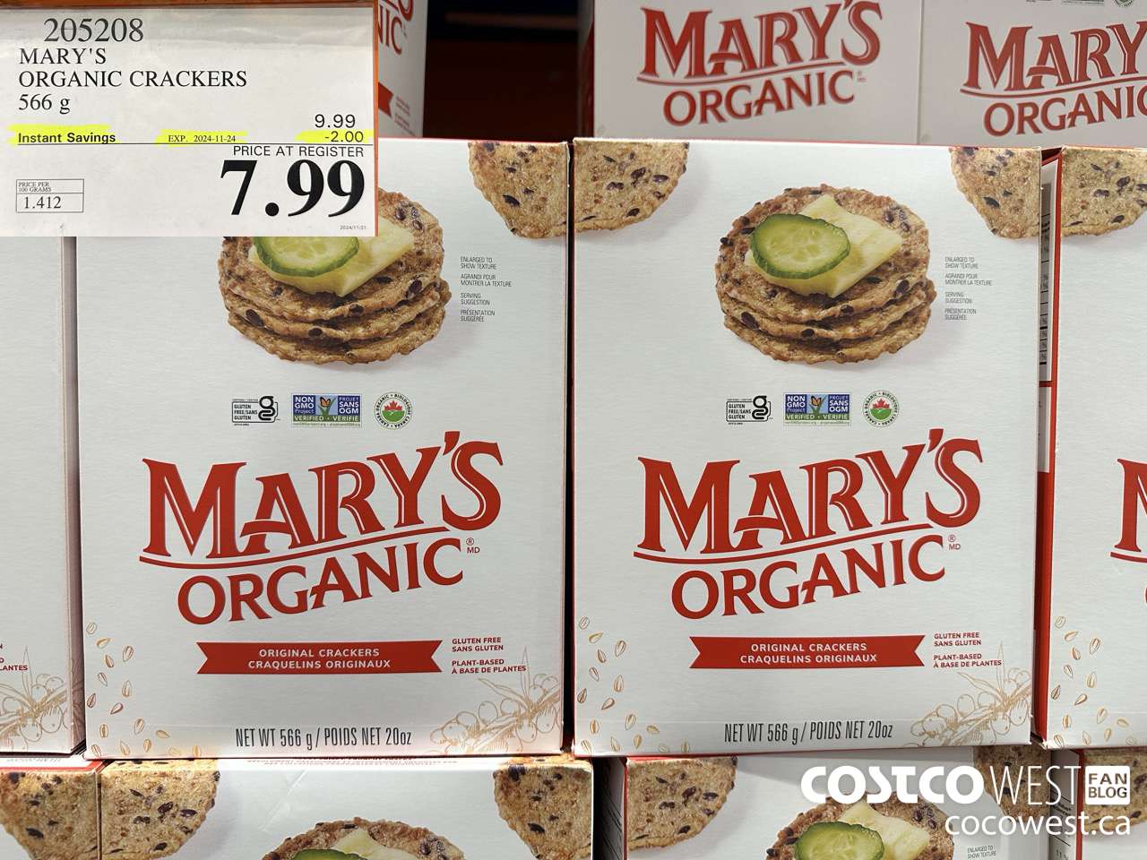 205208 MARY'S ORGANIC CRACKERS 566G ($2.00 INSTANT SAVINGS EXPIRES ON 2024-11-24) $7.99