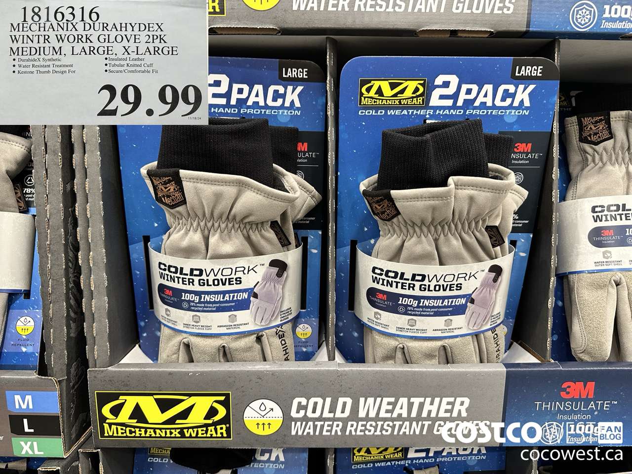 1816316 MECHANIX DURAHYDEX WINTR WORK GLOVE 2PK MEDIUM, LARGE, X-LARGE $29.99