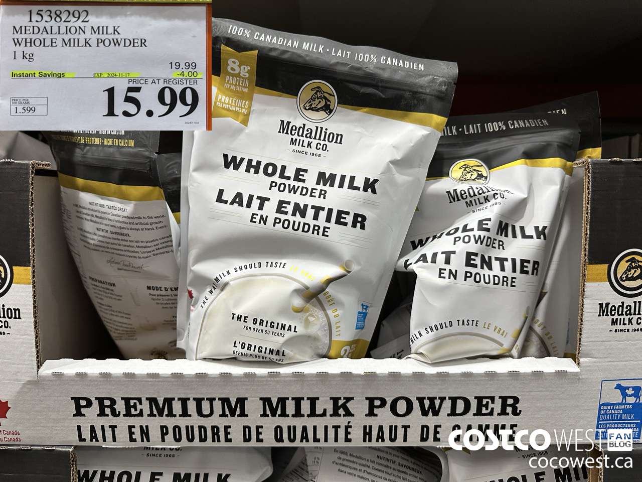 1538292 MEDALLION MILK WHOLE MILK POWDER 1 KG ($4.00 INSTANT SAVINGS EXPIRES ON 2024-11-17) $15.99