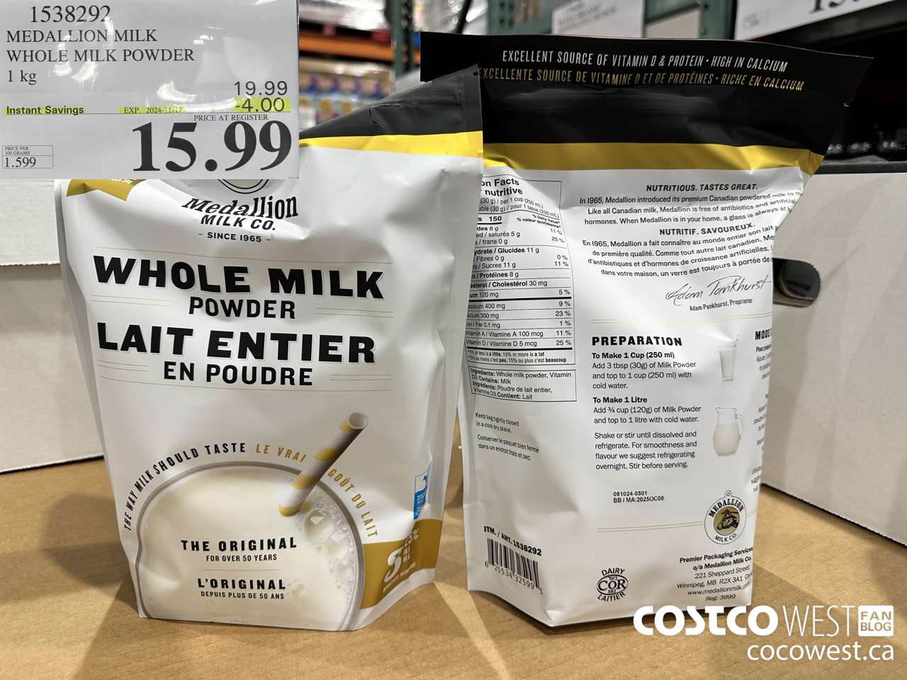 1538292 MEDALLION MILK WHOLE MILK POWDER 1 KG ($4.00 INSTANT SAVINGS EXPIRES ON 2024-11-17) $15.99