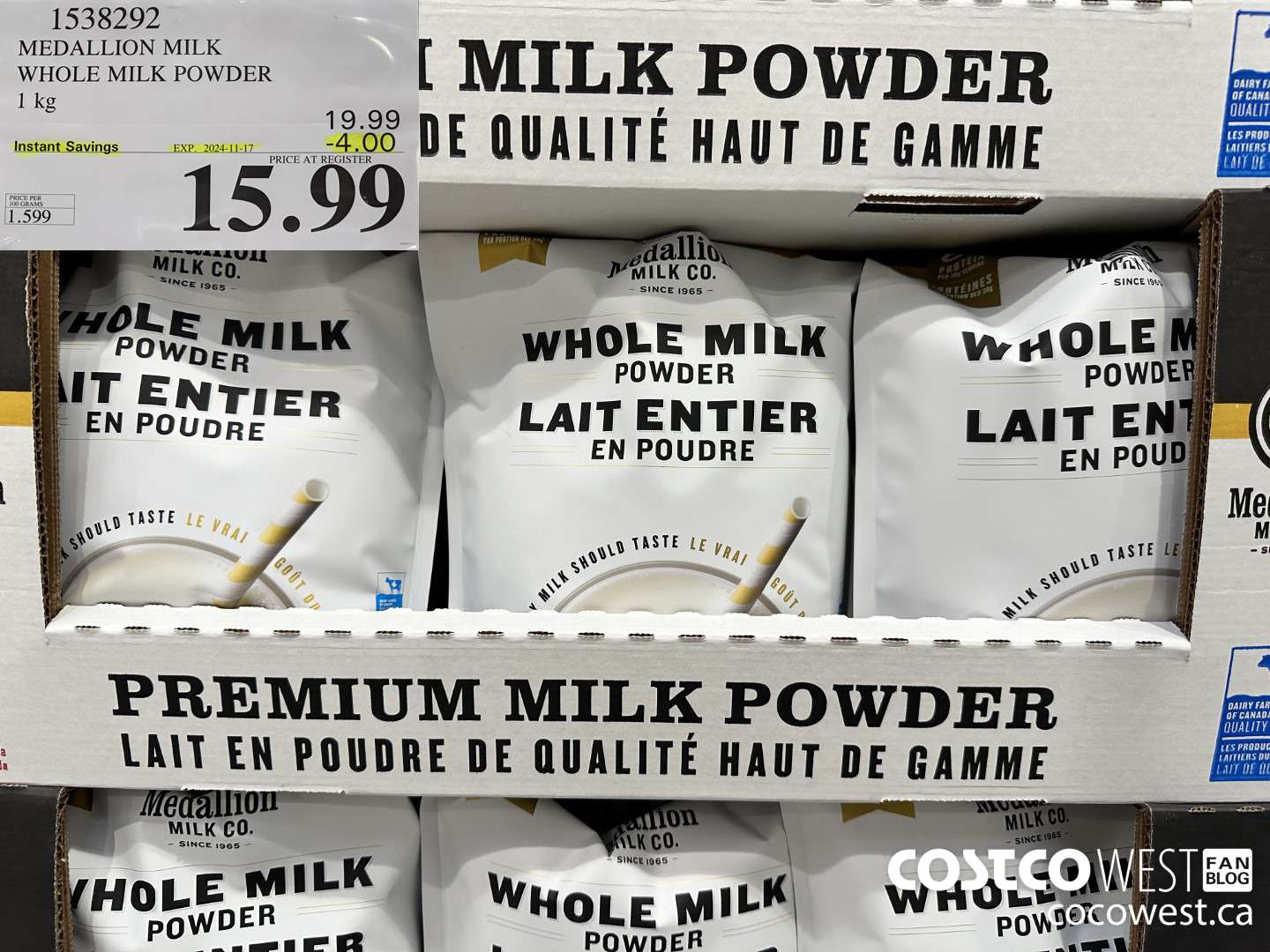 1538292 MEDALLION MILK WHOLE MILK POWDER 1 KG ($4.00 INSTANT SAVINGS EXPIRES ON 2024-11-17) $15.99