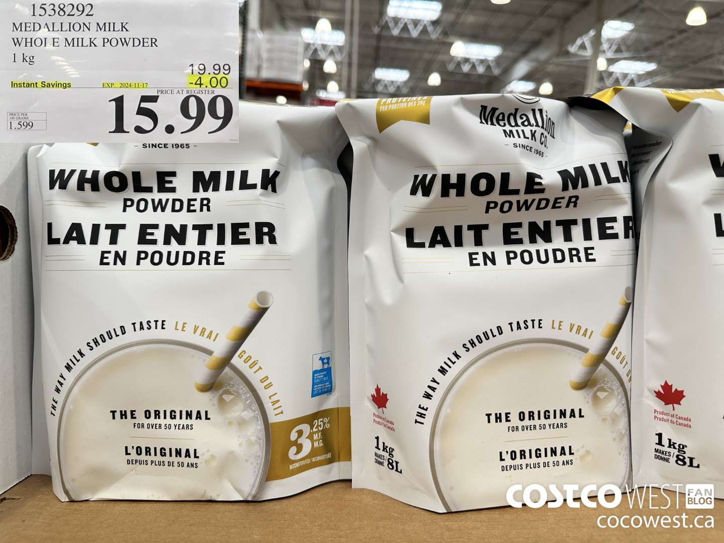 1538292 MEDALLION MILK WHOLE MILK POWDER 1 KG ($4.00 INSTANT SAVINGS EXPIRES ON 2024-11-17) $15.99