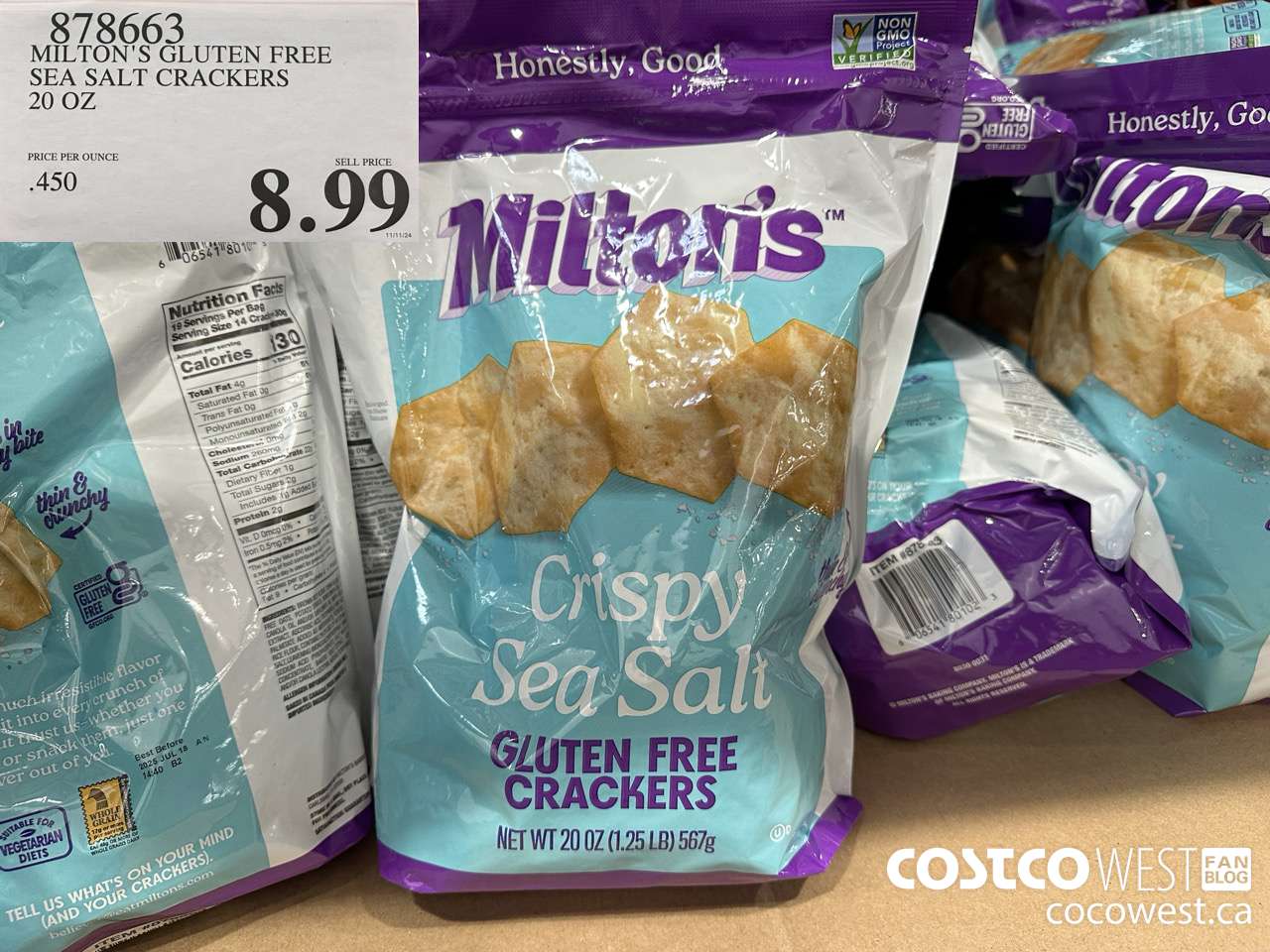 878663 MILTON'S GLUTEN FREE SEA SALT CRACKERS 20 OZ $8.99