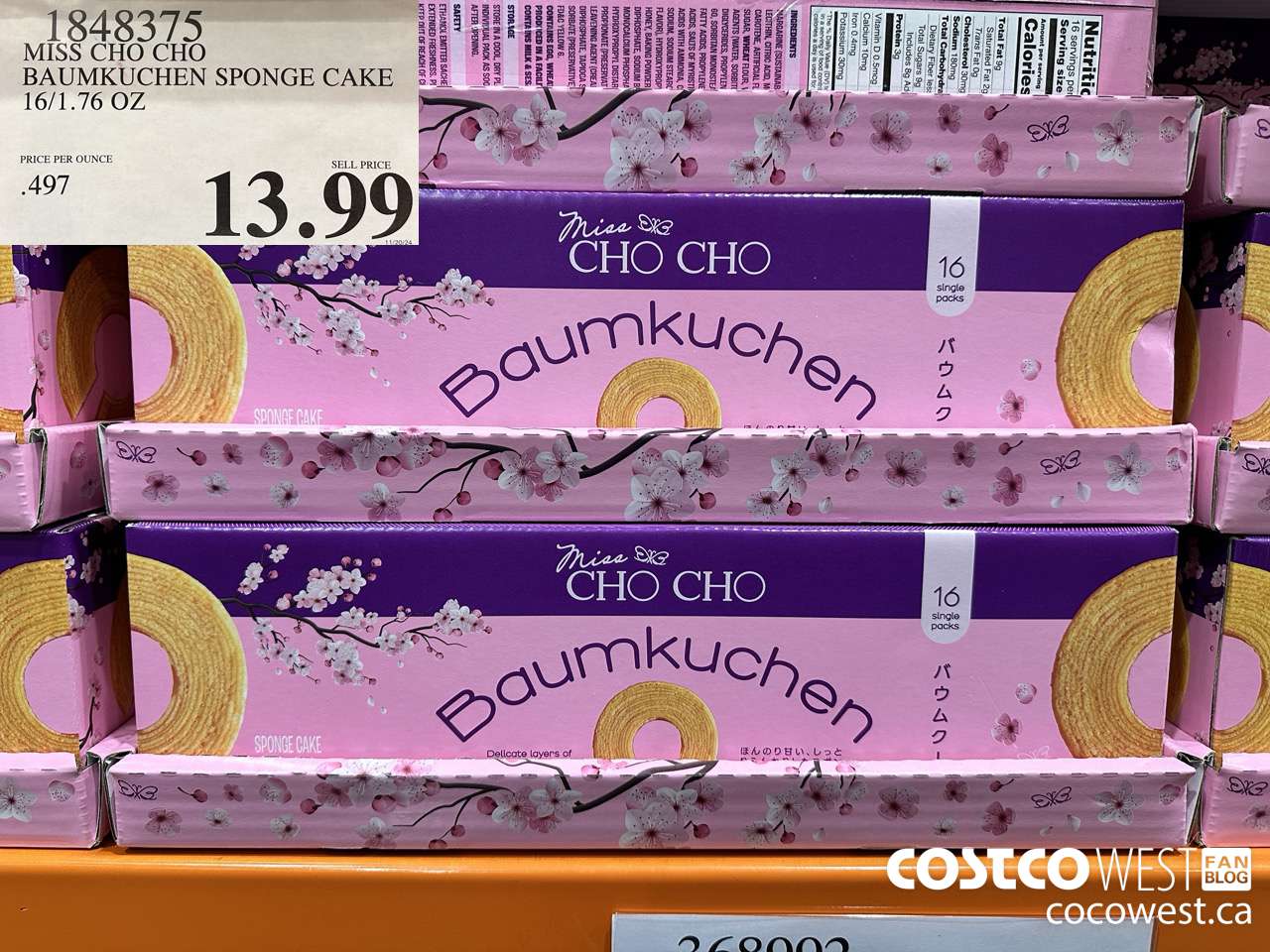 1848375 MISS CHO CHO BAUMKUCHEN SPONGE CAKE 16/1.76 OZ $13.99