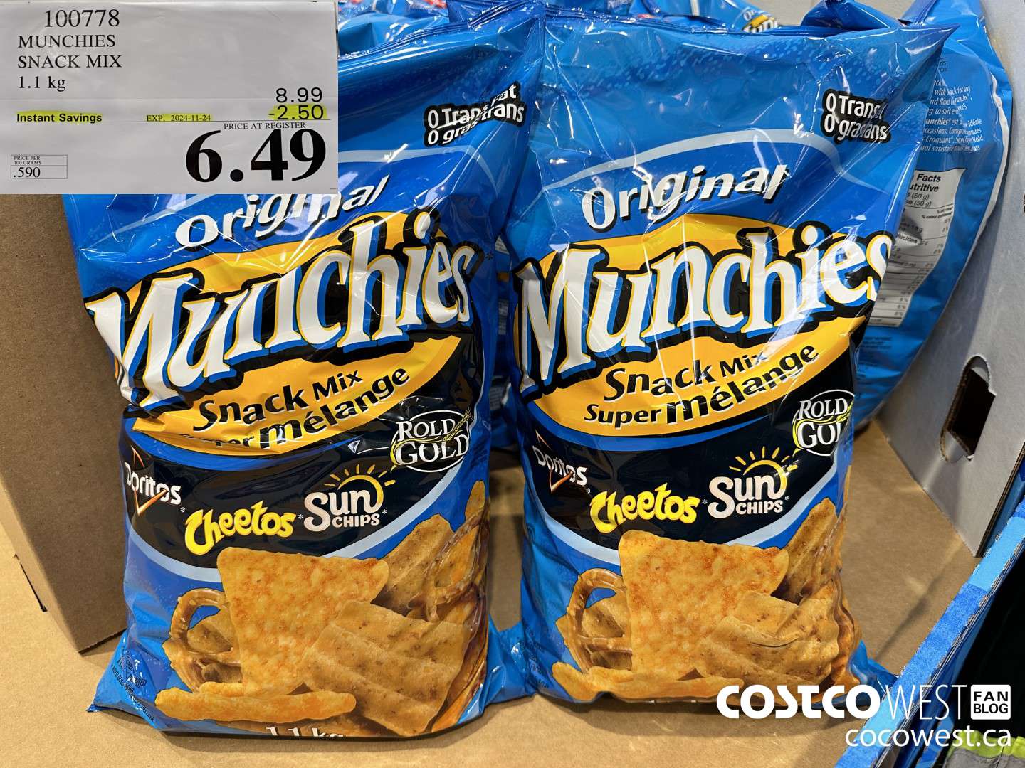 100778 MUNCHIES SNACK MIX 1.1 kg ($2.50 INSTANT SAVINGS EXPIRES ON 2024-11-24) $6.49