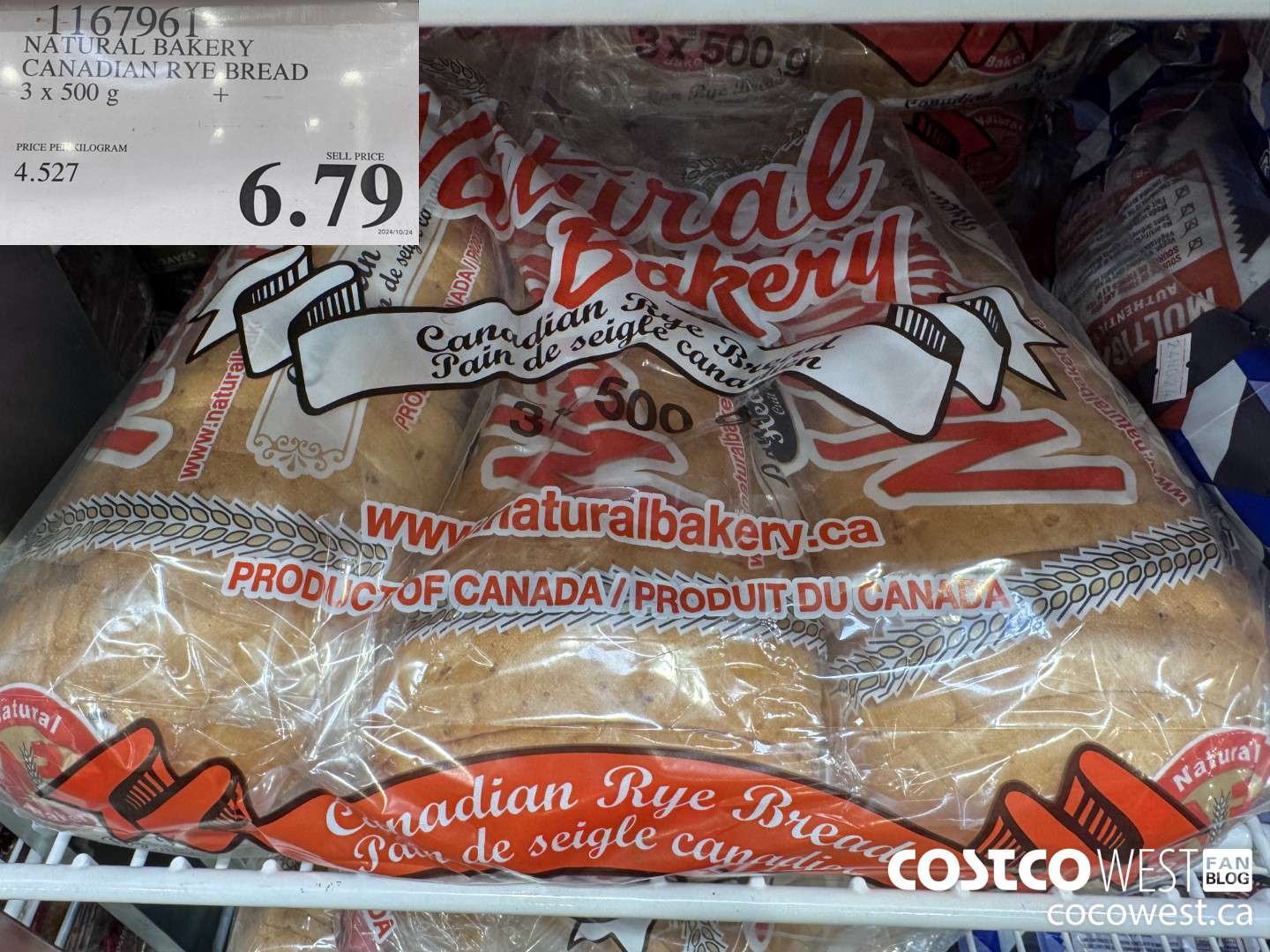 1167961 NATURAL BAKERY CANADIAN RYE BREAD 3 X 500 G $6.79