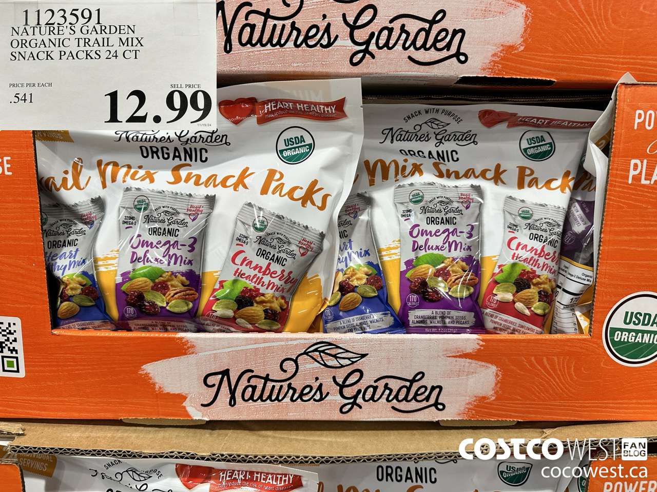 1123591 NATURE'S GARDEN ORGANIC TRAIL MIX SNACK PACKS 24 CT $12.99