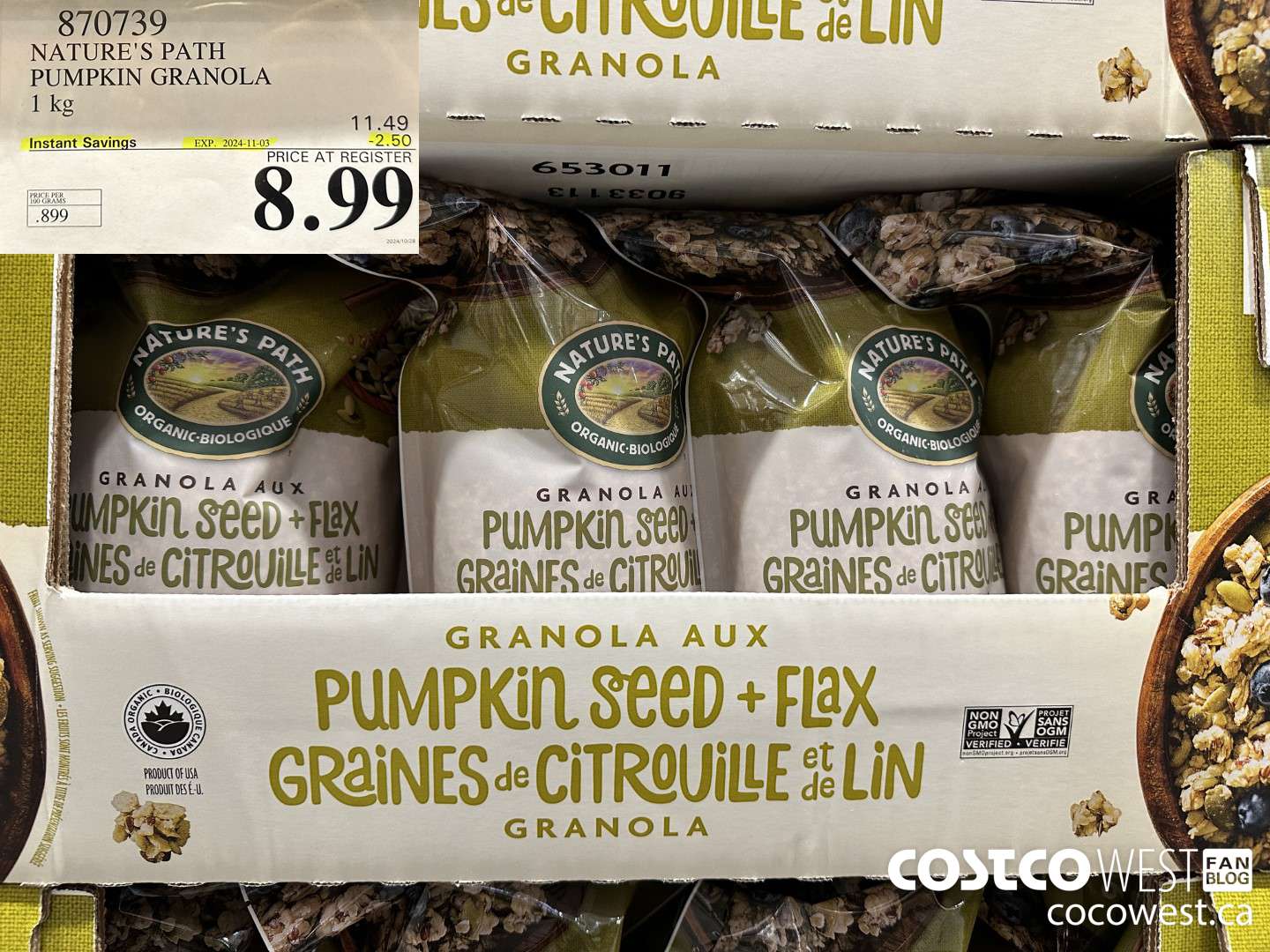 870739 NATURE'S PATH PUMPKIN GRANOLA 1KG ($2.50 INSTANT SAVINGS EXPIRES ON 2024-11-03) $8.99