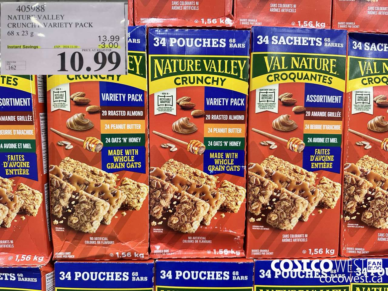 405988 NATURE VALLEY CRUNCHY VARIETY PACK OF 68 X 23 G ($3.00 INSTANT SAVINGS EXPIRES ON 2024-11-10) $10.99