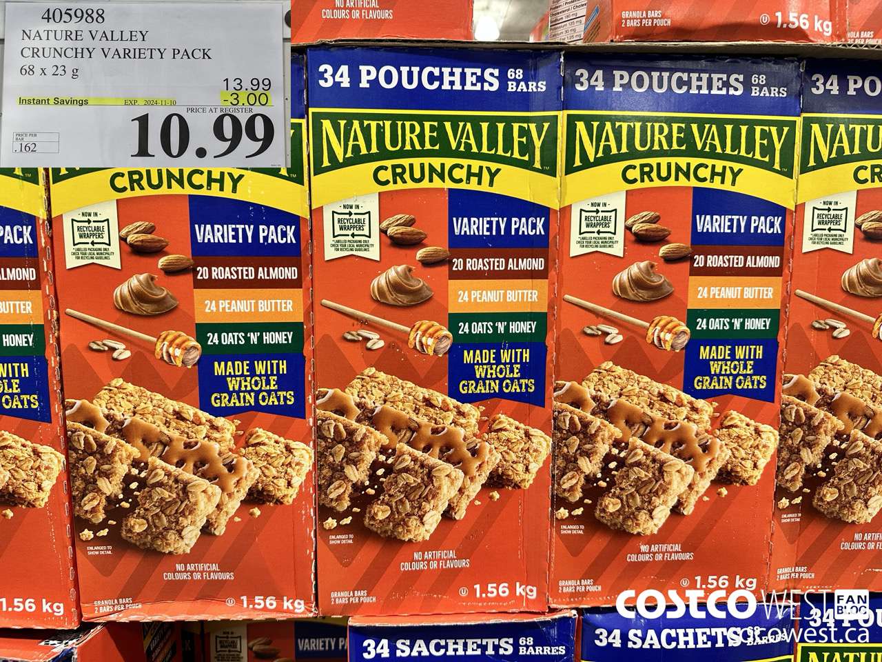 405988 NATURE VALLEY CRUNCHY VARIETY PACK OF 68 X 23 G ($3.00 INSTANT SAVINGS EXPIRES ON 2024-11-10) $10.99