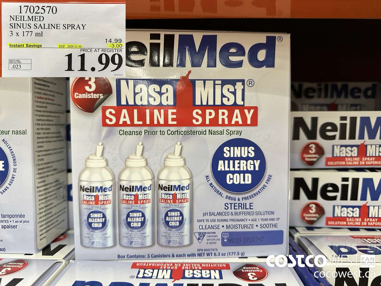 1702570 NEILMED SINUS SALINE SPRAY 3 X 177 ML ($3.00 INSTANT SAVINGS EXPIRES ON 2024-11-10) $11.99