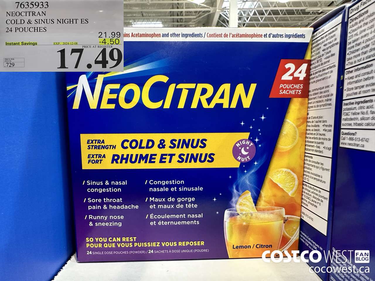 7635933 NEOCITRAN COLD & SINUS NIGHT ES 24 POUCHES ($4.50 INSTANT SAVINGS EXPIRES ON 2024-12-08) $17.49