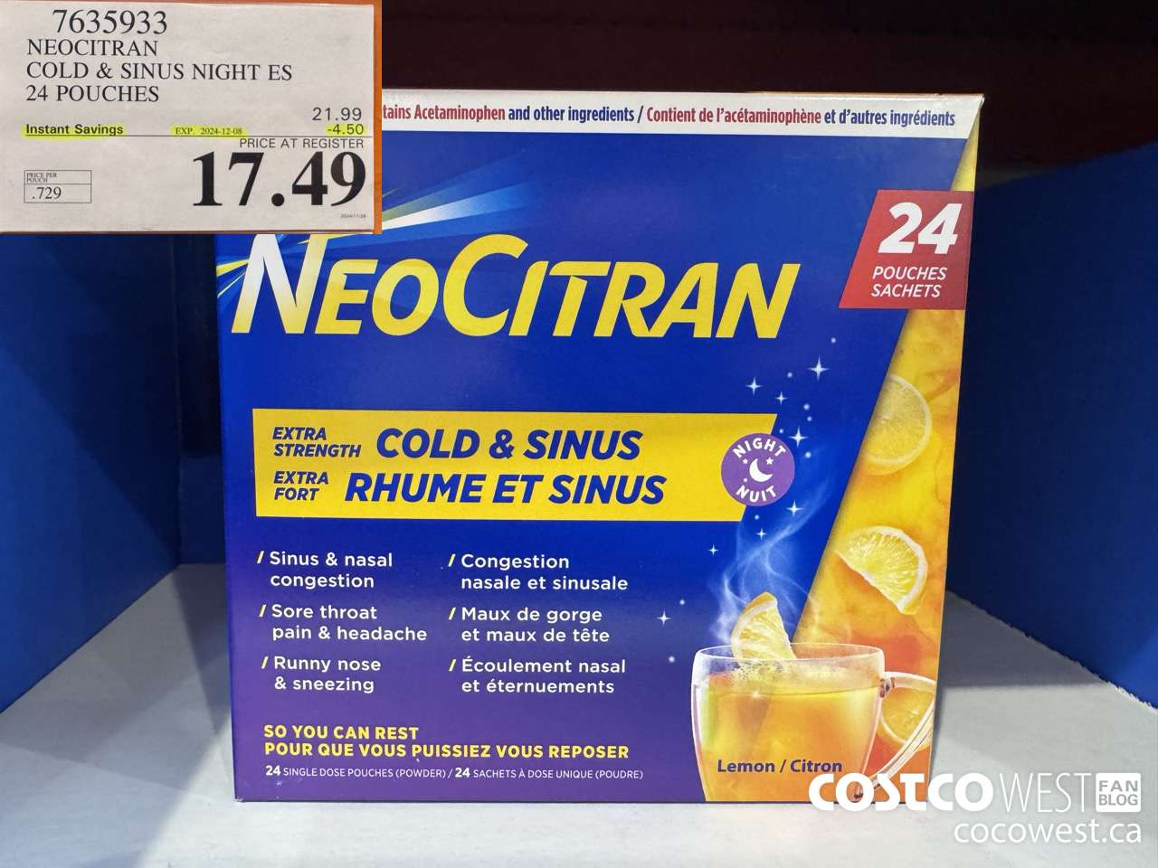 7635933 NEOCITRAN COLD & SINUS NIGHT ES 24 POUCHES ($4.50 INSTANT SAVINGS EXPIRES ON 2024-12-08) $17.49