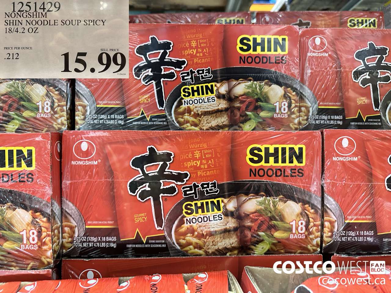 1251429 NONGSHIM SHIN NOODLE SOUP SPICY 18/4.2 OZ $15.99
