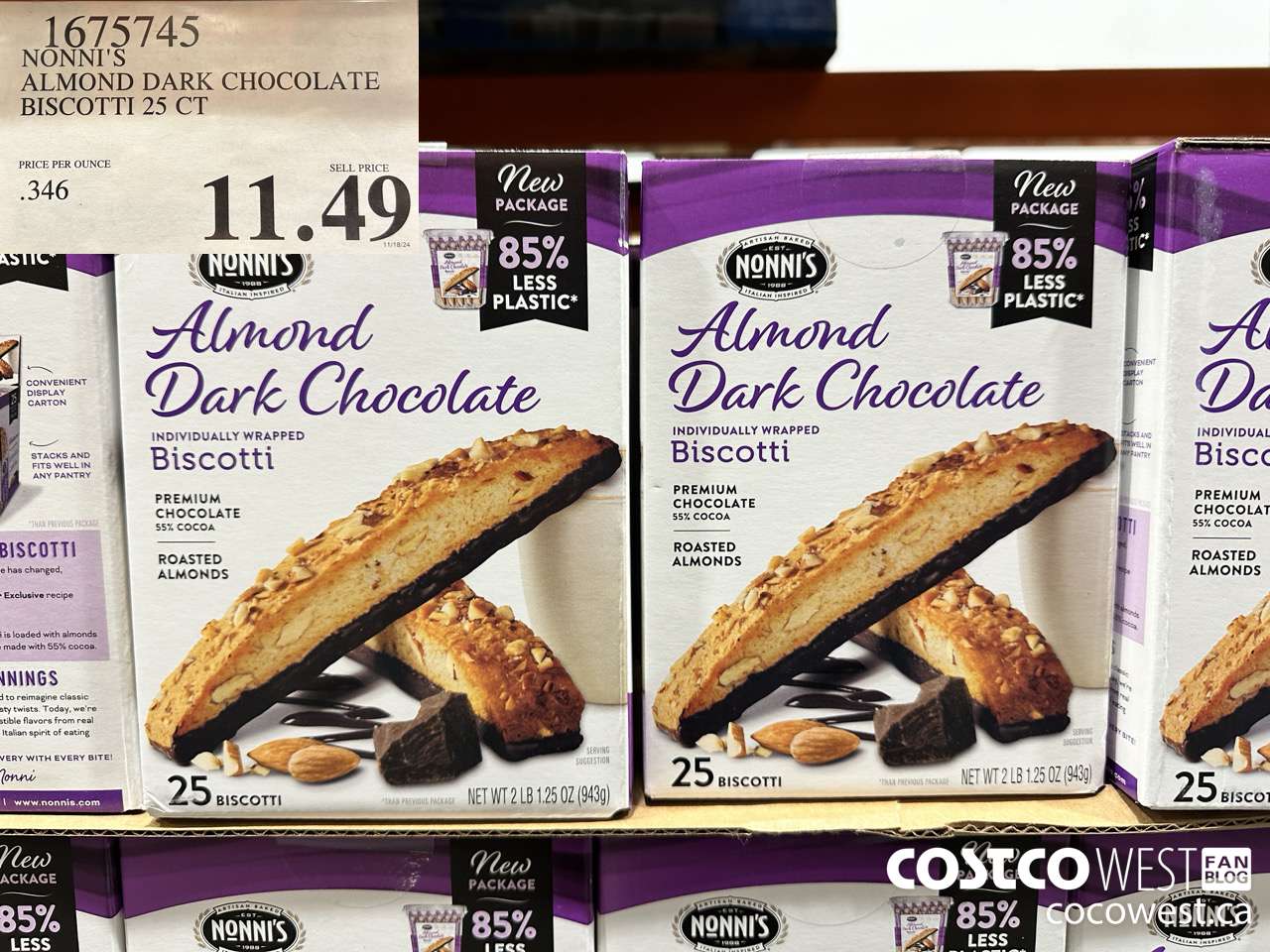 1675745 NONNI'S ALMOND DARK CHOCOLATE BISCOTTI 25 CT $11.49