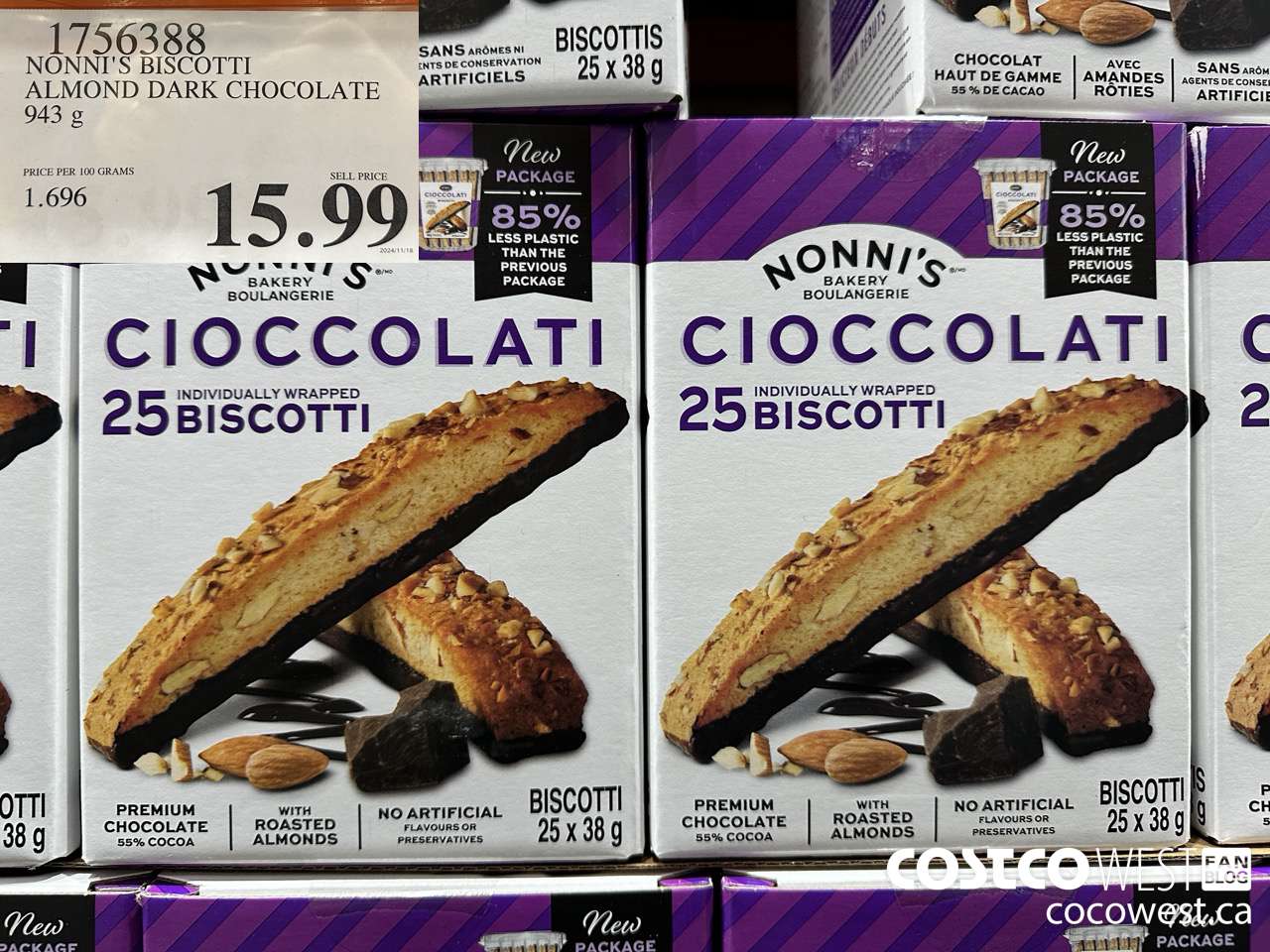 1756388 NONNI'S BISCOTTI ALMOND DARK CHOCOLATE 943 G $15.99