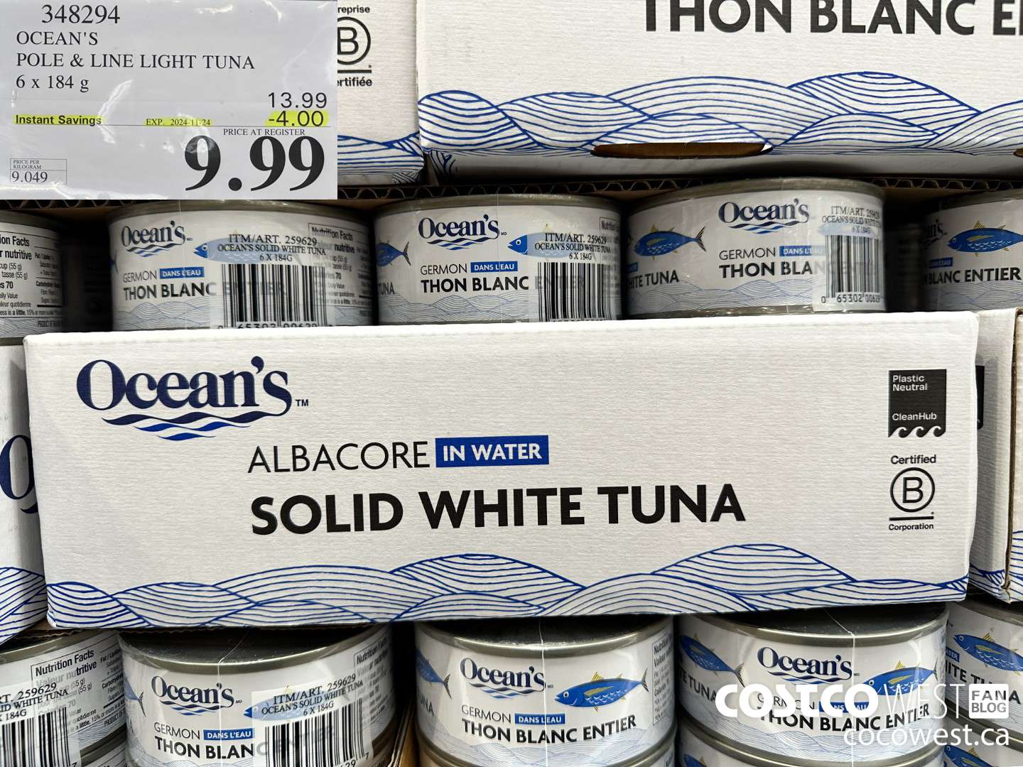 348294 OCEAN'S POLE & LINE LIGHT TUNA 6 x 184 g ($4.00 INSTANT SAVINGS EXPIRES ON 2024-11-24) $9.99