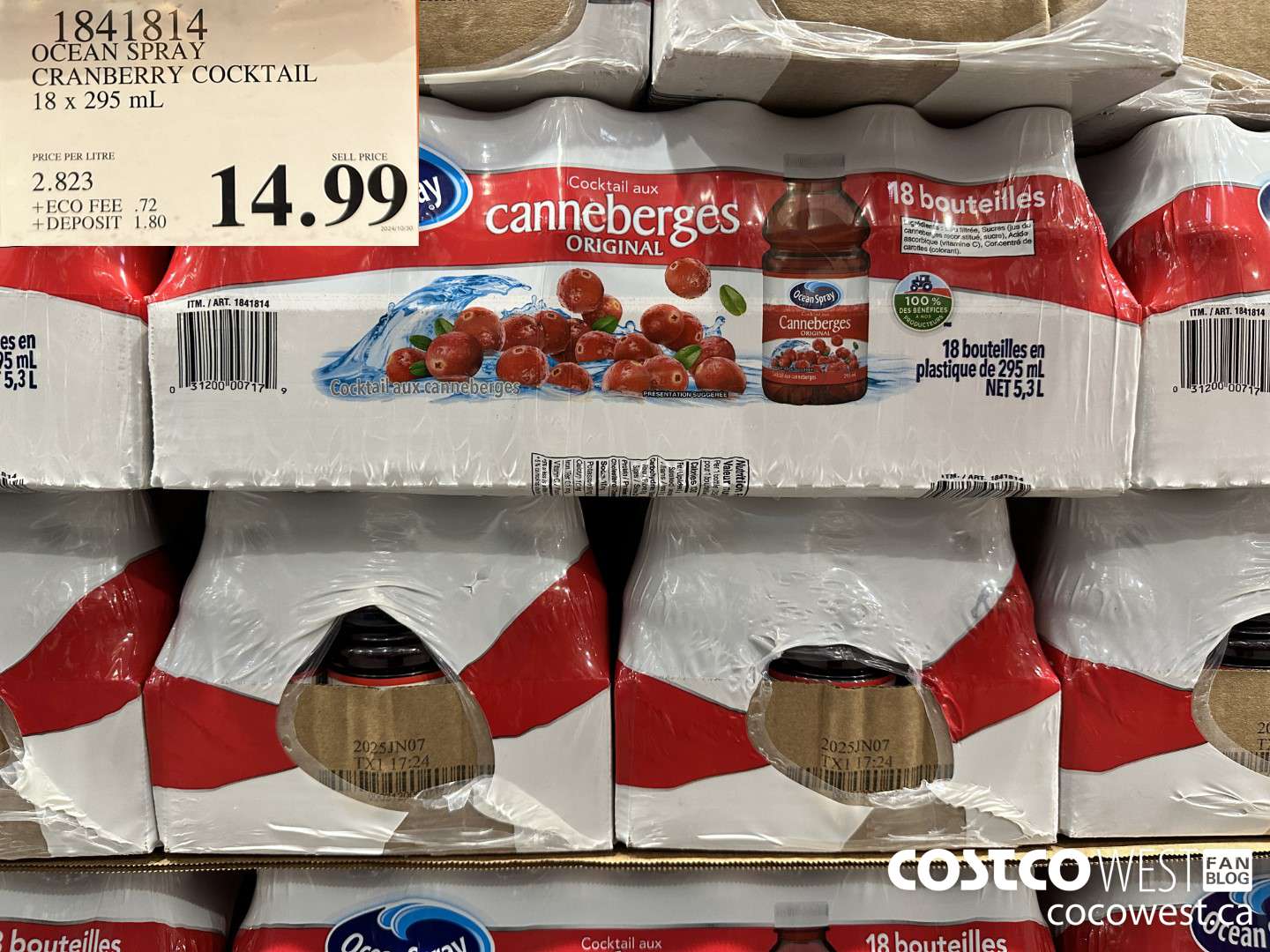 1841814 OCEAN SPRAY CRANBERRY COCKTAIL 18 X 295ML $14.99