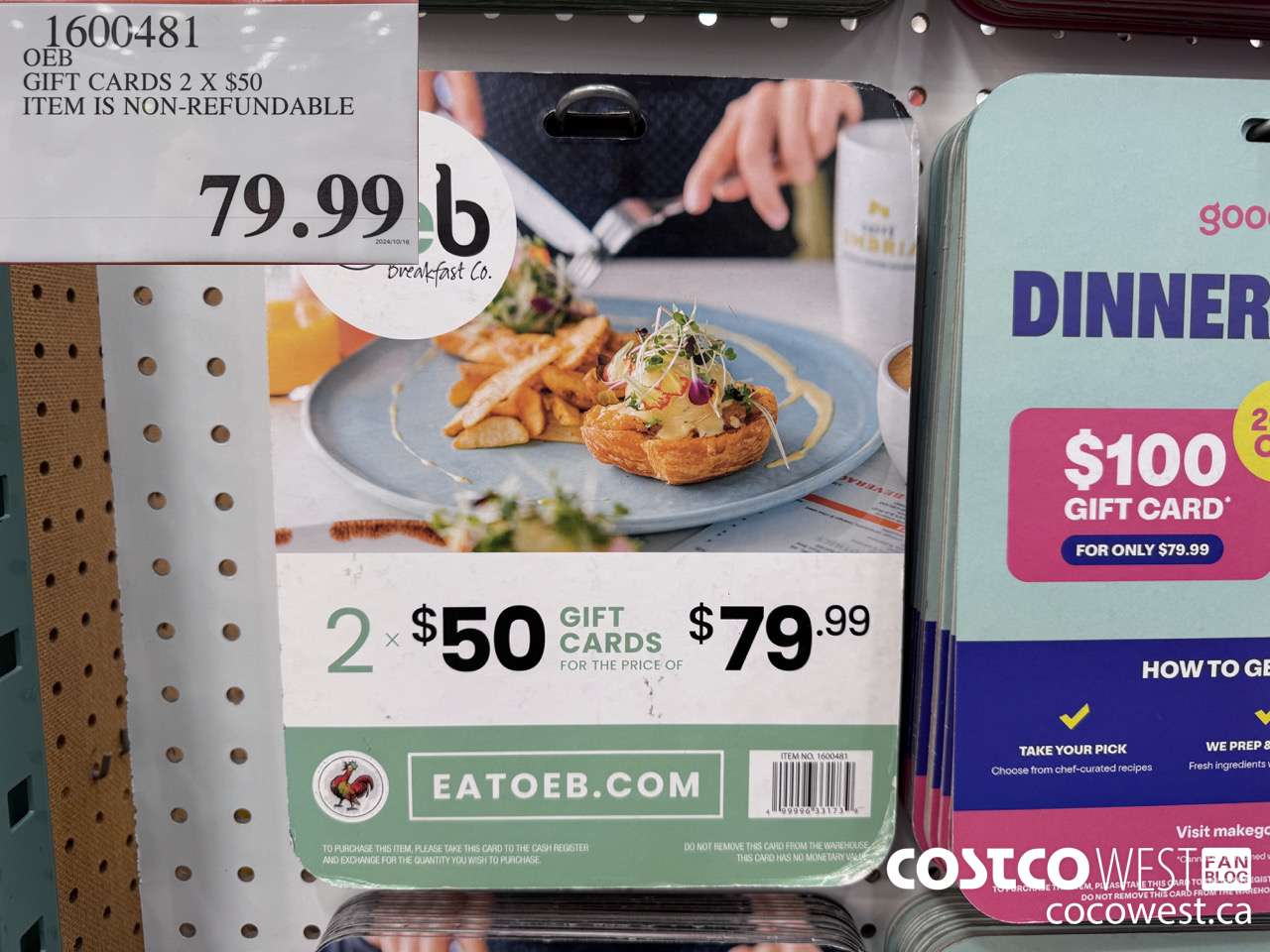 1600481 OEB RESTAURANT GIFT CARDS 2 x $50  $79.99