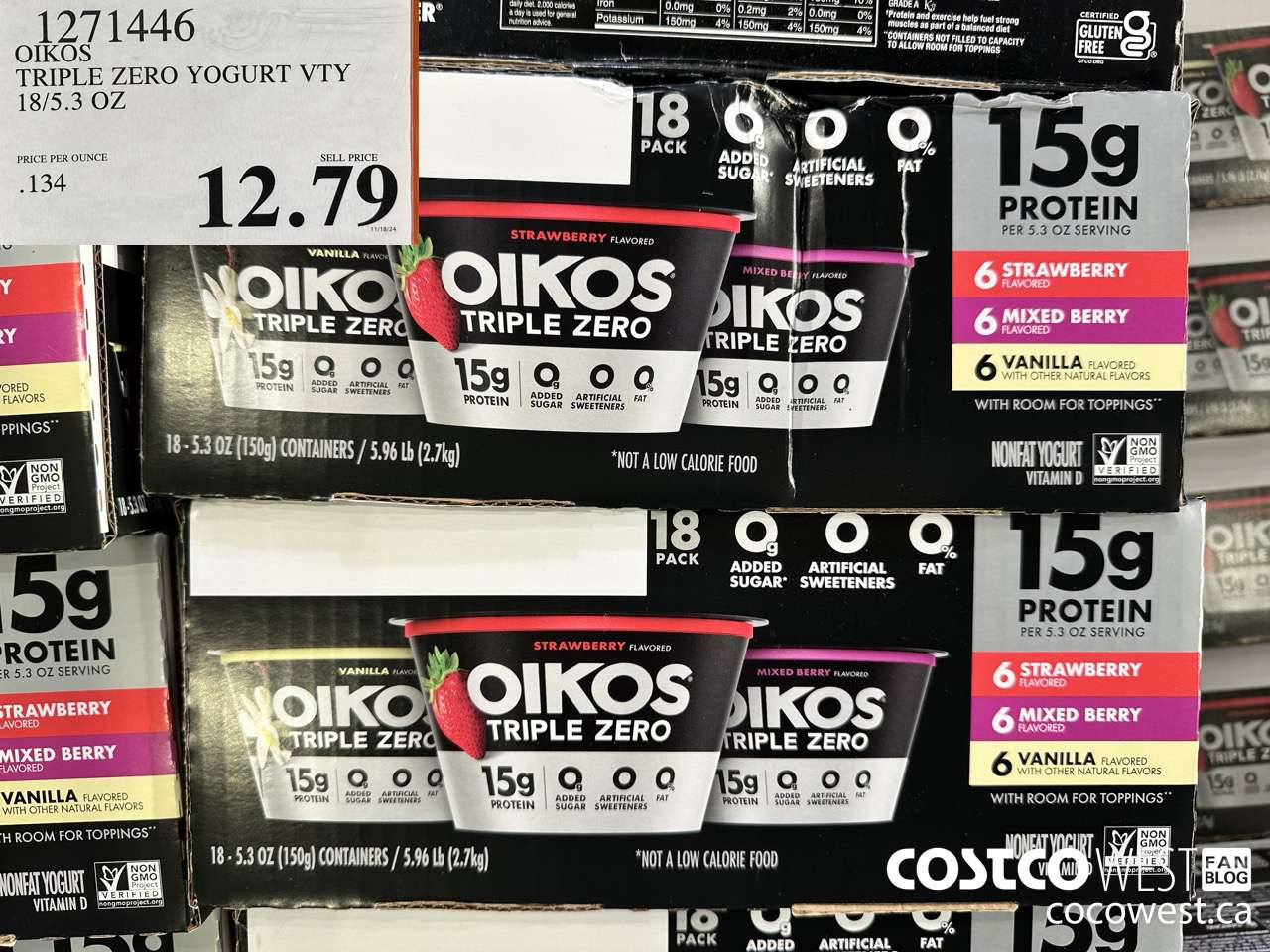 1271446 OIKOS TRIPLE ZERO YOGURT VTY 18/5.3 OZ $12.79
