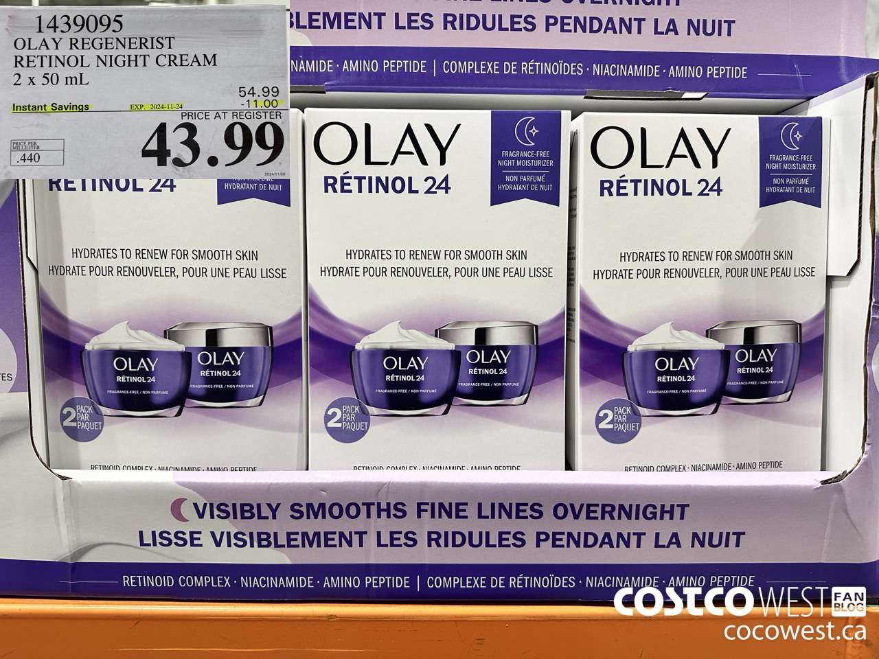 1439095 OLAY REGENERIST RETINOL24 NIGHT CREAM 2 x 50 mL ($11.00 INSTANT SAVINGS EXPIRES ON 2024-11-24) $43.99