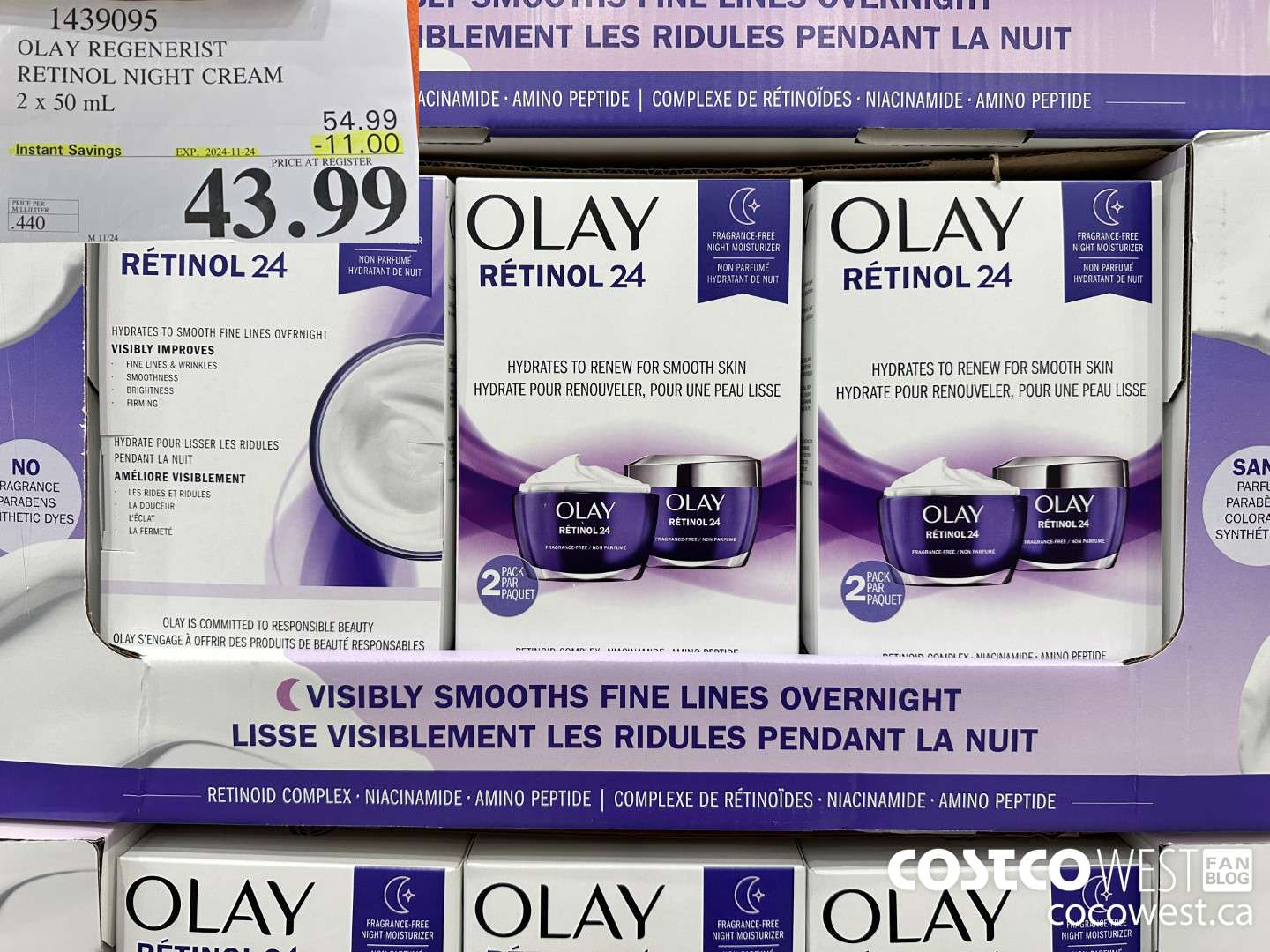 1439095 OLAY REGENERIST RETINOL24 NIGHT CREAM 2 x 50 mL ($11.00 INSTANT SAVINGS EXPIRES ON 2024-11-24) $43.99