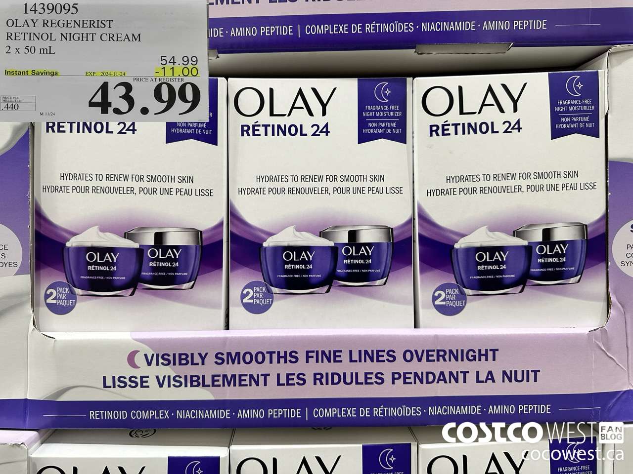 1439095 OLAY REGENERIST RETINOL24 NIGHT CREAM 2 x 50 mL ($11.00 INSTANT SAVINGS EXPIRES ON 2024-11-24) $43.99