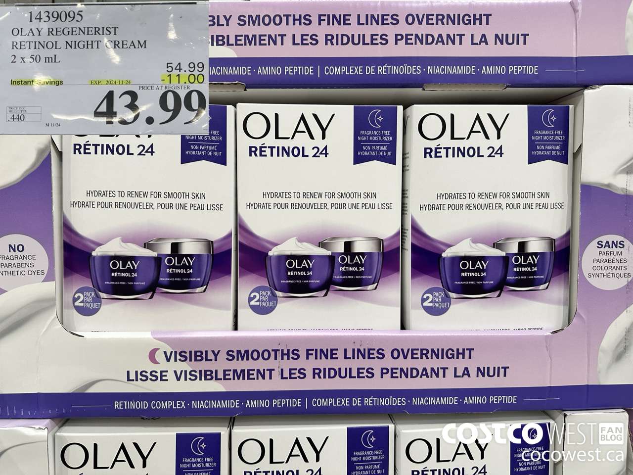 1439095 OLAY REGENERIST RETINOL24 NIGHT CREAM 2 x 50 mL ($11.00 INSTANT SAVINGS EXPIRES ON 2024-11-24) $43.99