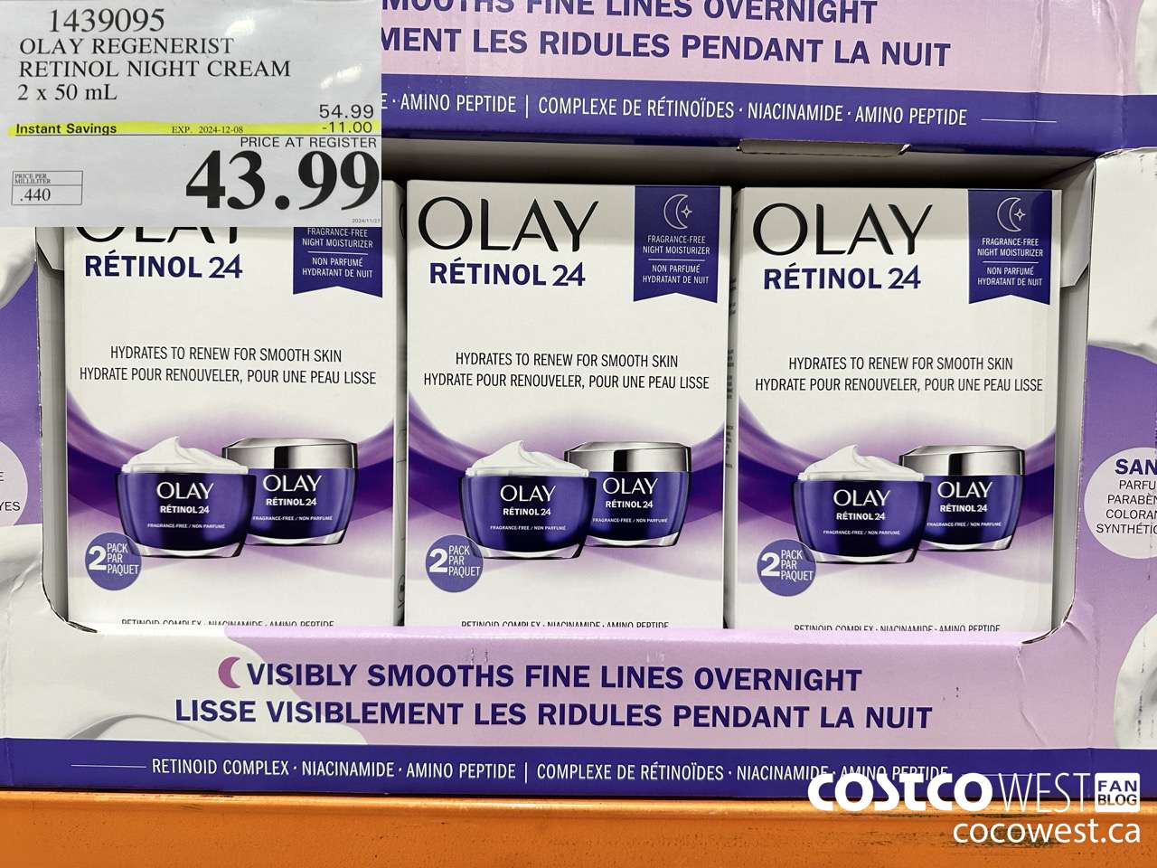 1439095 OLAY REGENERIST RETINOL24 NIGHT CREAM 2 x 50 mL ($11.00 INSTANT SAVINGS EXPIRES ON 2024-12-08) $43.99