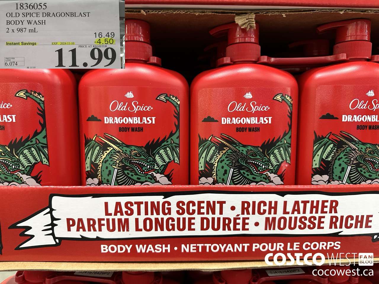 1836055 OLD SPICE DRAGONBLAST BODY WASH 2 X 987 ML ($4.50 INSTANT SAVINGS EXPIRES ON 2024-11-10) $11.99