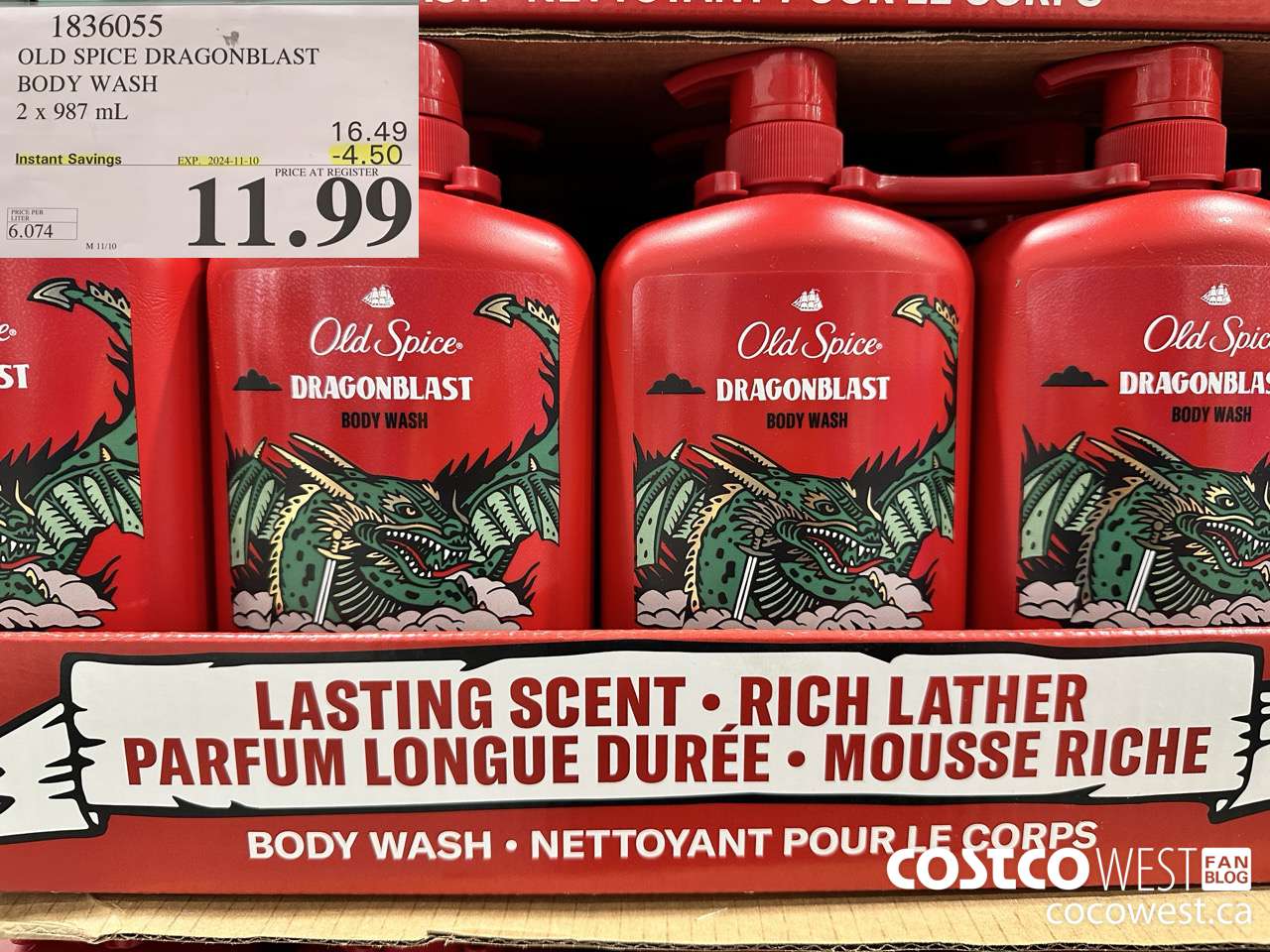 1836055 OLD SPICE DRAGONBLAST BODY WASH 2 X 987 ML ($4.50 INSTANT SAVINGS EXPIRES ON 2024-11-10) $11.99