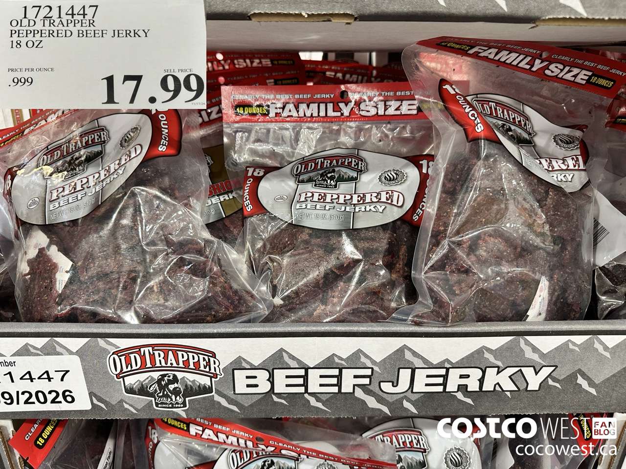 1721447 OLD TRAPPER PEPPERED BEEF JERKY 18 OZ $17.99