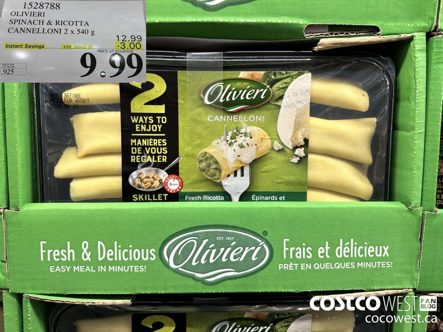 1528788 OLIVIERI SPINACH & RICOTTA CANNELLONI 2 x 540 g ($3.00 INSTANT SAVINGS EXPIRES ON 2024-11-10) $9.99