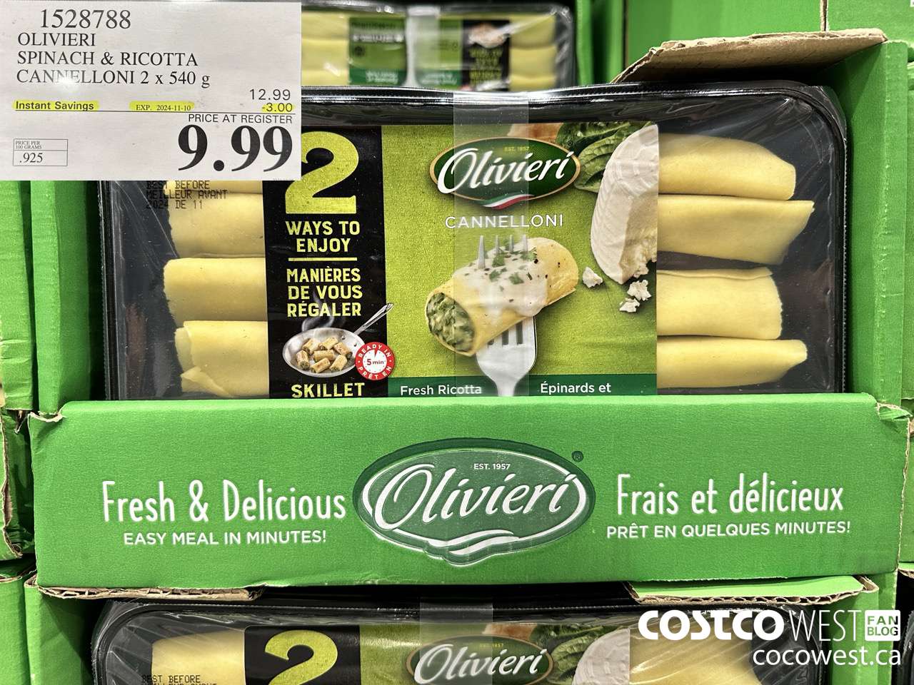 1528788 OLIVIERI SPINACH & RICOTTA CANNELLONI 2 x 540 g ($3.00 INSTANT SAVINGS EXPIRES ON 2024-11-10) $9.99