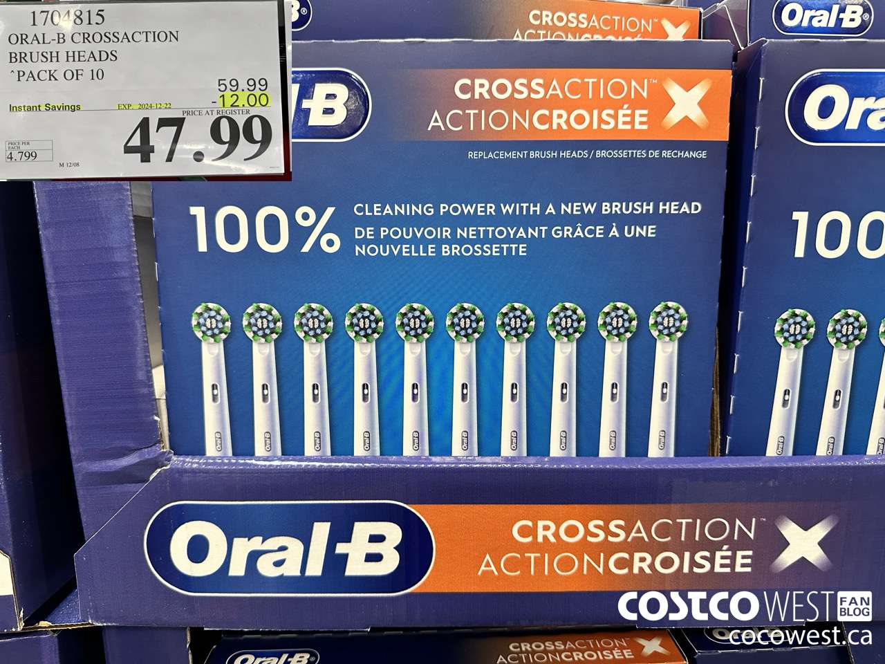 1704815 ORAL-B CROSSACTION BRUSH HEADS PACK OF 10 ($12.00 INSTANT SAVINGS EXPIRES ON 2024-12-22) $47.99