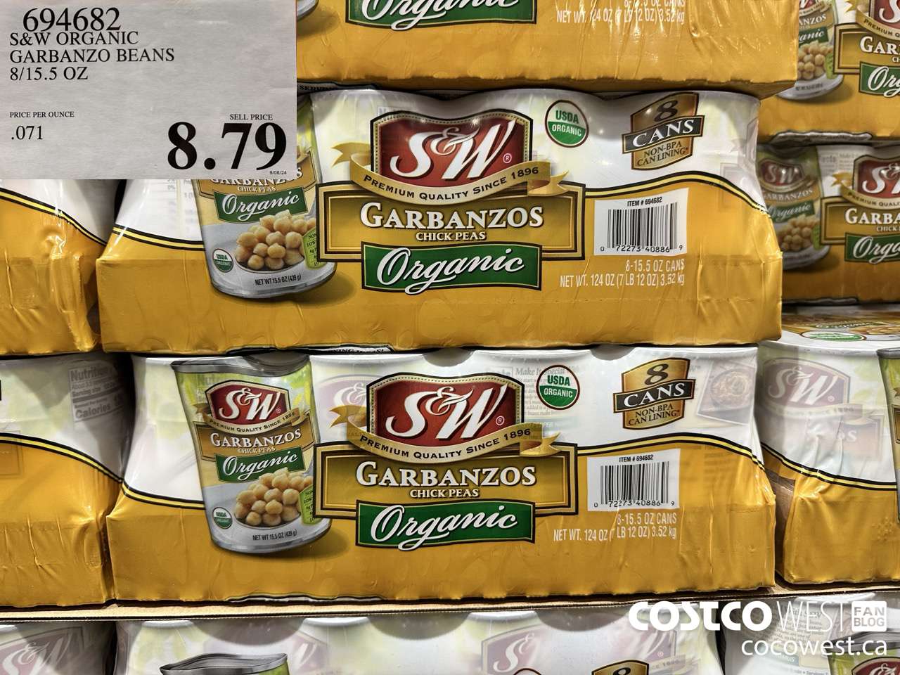 694682 ORGANIC S&W GARBANZO BEANS 8/15.5 OZ $8.79