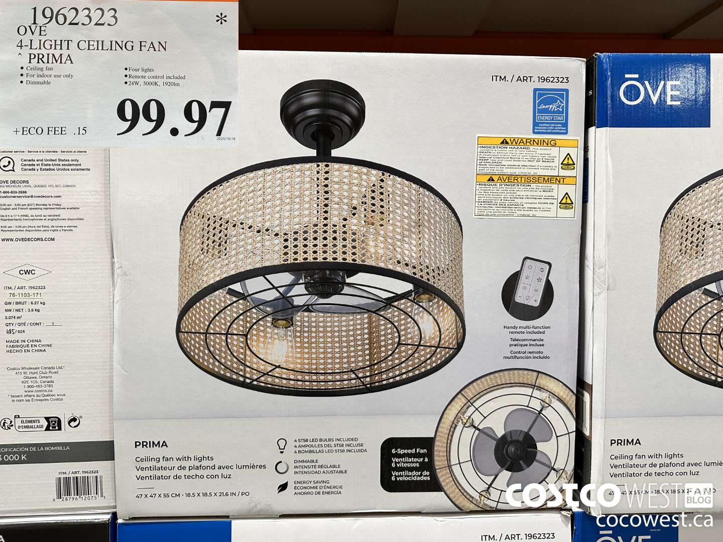 1962323 OVE 4-LIGHT CEILING FAN PRIMA $99.97