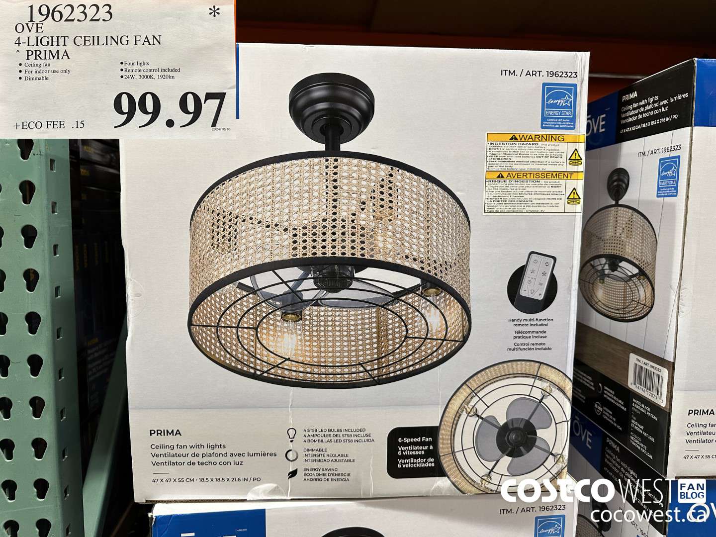 1962323 OVE 4-LIGHT CEILING FAN PRIMA $99.97