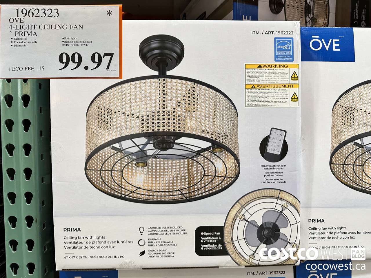 1962323 OVE 4-LIGHT CEILING FAN PRIMA $99.97