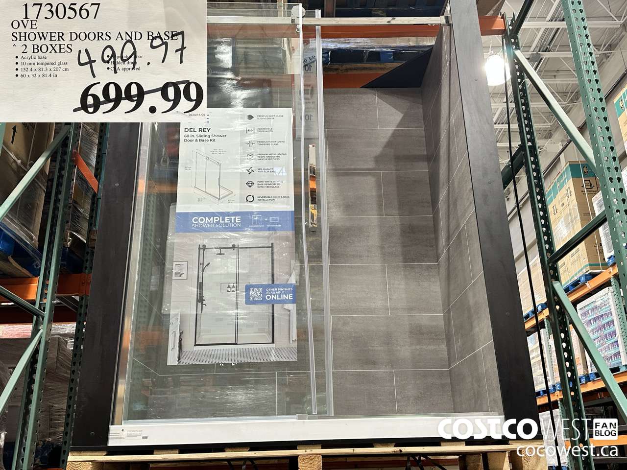 1730567 OVE SHOWER DOORS AND BASE 2 BOXES $499.97