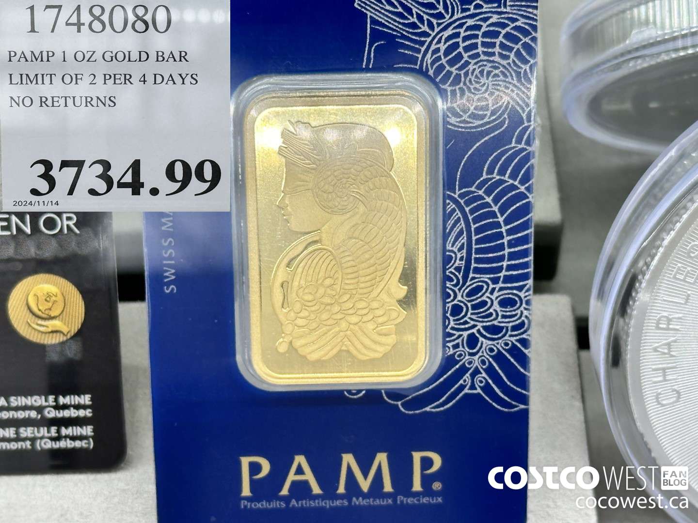 1748080 PAMP 1 OZ GOLD BAR LIMIT OF 2 PER 4 DAYS NO RETURNS $3734.99