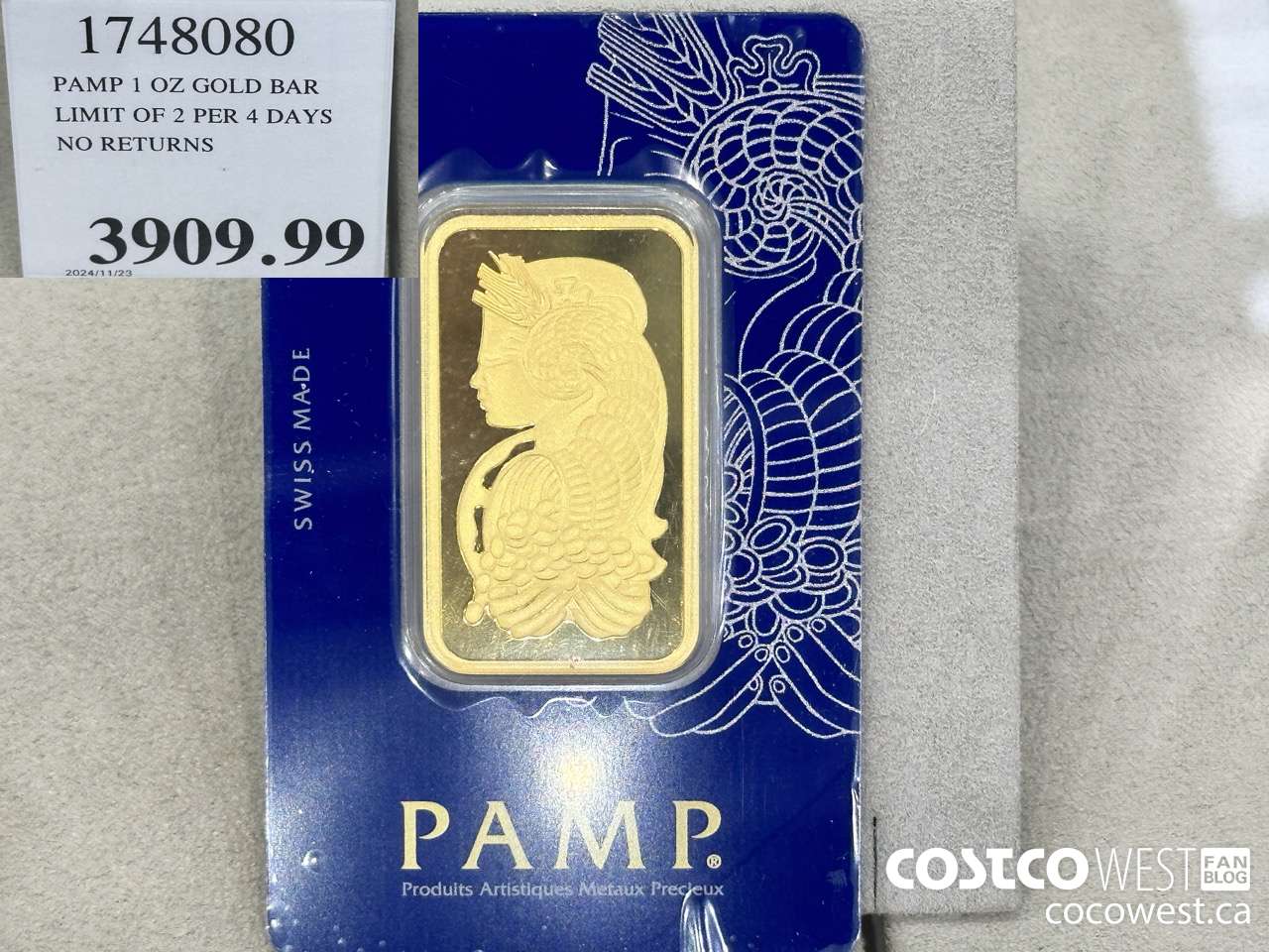 1748080 PAMP 1 OZ GOLD BAR LIMIT OF 2 PER 4 DAYS NO RETURNS $3909.99